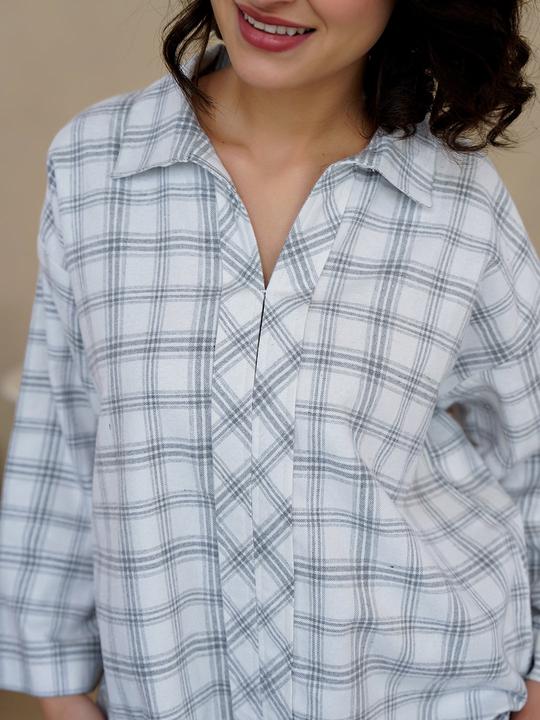 White Shirt Collar Pure Cotton Checked Night Suit for Women