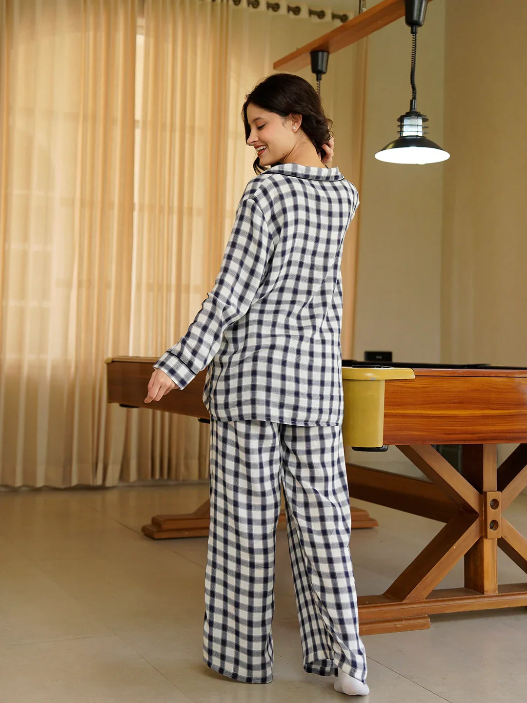 Blue Lapel Collar Pure Cotton Checked Winter Night Suit for Women - SanskrutiHomes