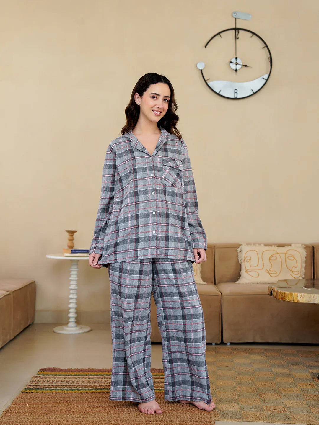 Grey V-Neck Pure Cotton Checked Winter Night Suit for Women - SanskrutiHomes