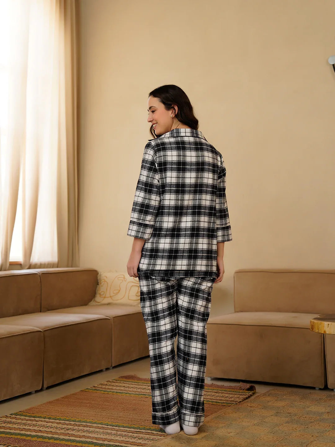 Black Shirt Collar Pure Cotton Checked Winter Night Suit for Women - SanskrutiHomes