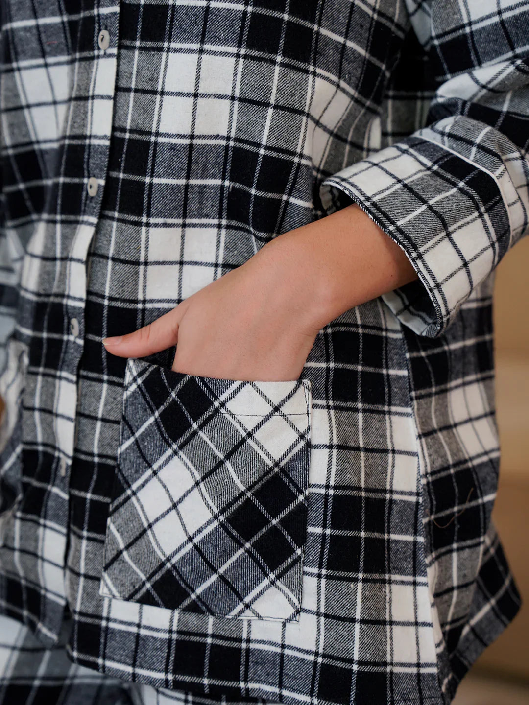 Black Shirt Collar Pure Cotton Checked Winter Night Suit for Women - SanskrutiHomes