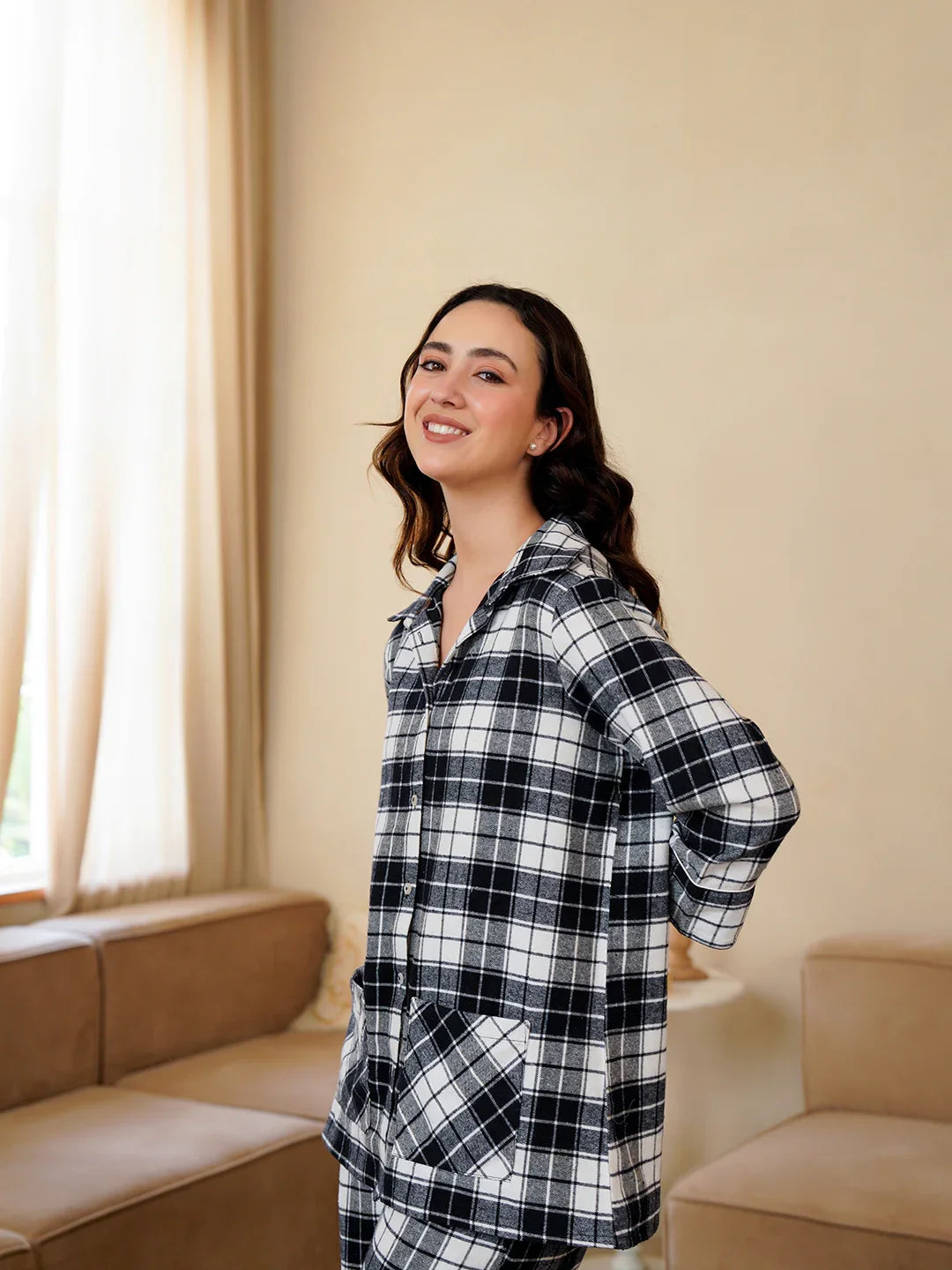 Black Shirt Collar Pure Cotton Checked Winter Night Suit for Women - SanskrutiHomes