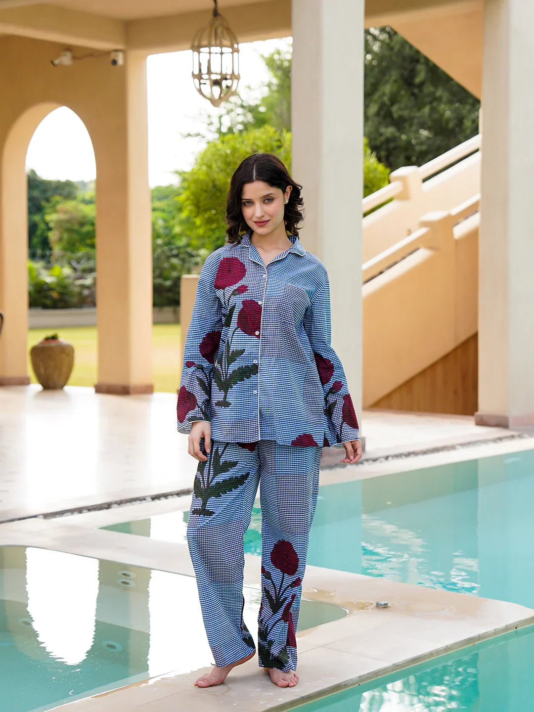 Blue Pure Cotton Lapel Collar Checked Night Suit for Women - SanskrutiHomes