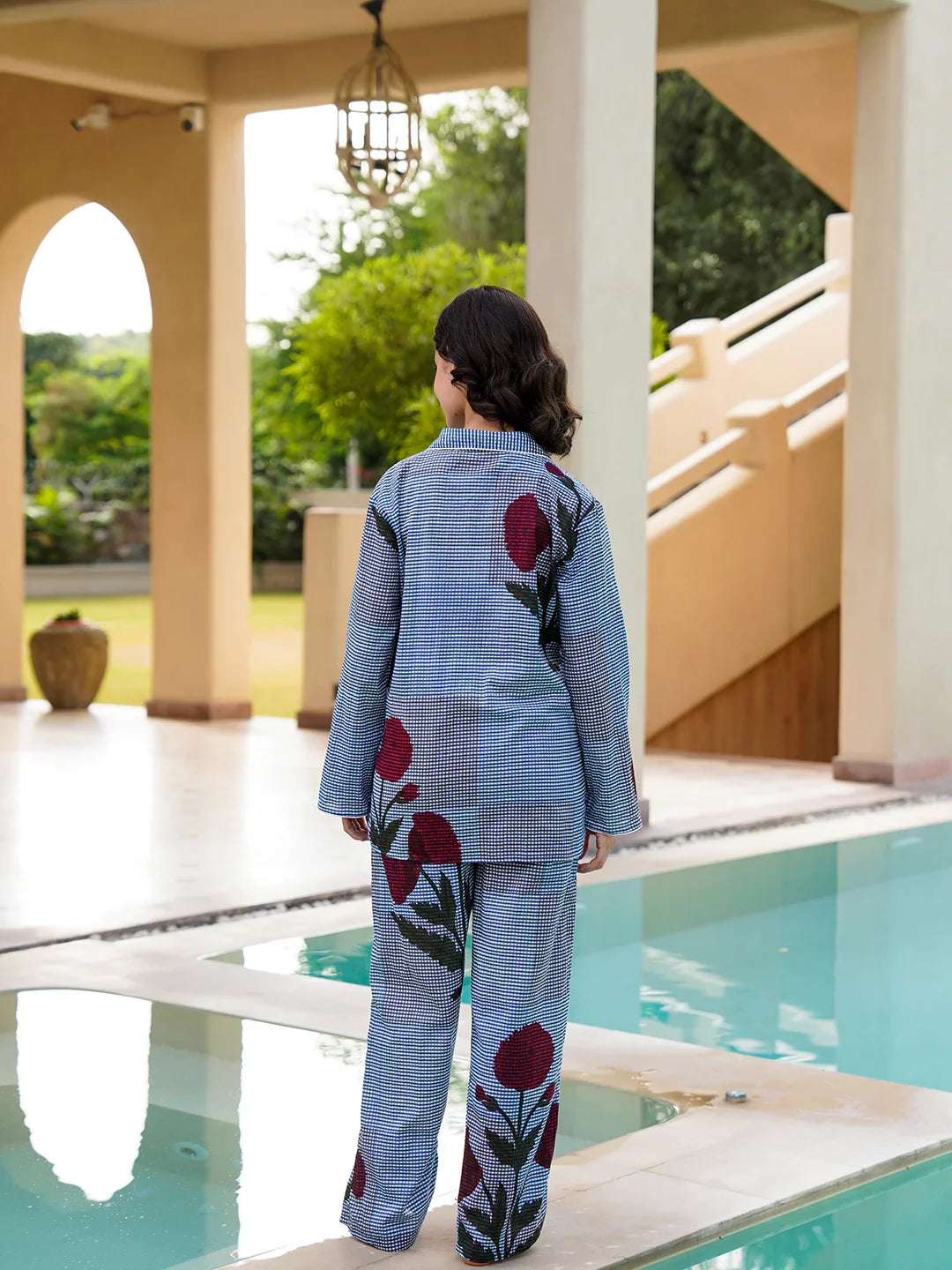 Blue Pure Cotton Lapel Collar Checked Night Suit for Women - SanskrutiHomes