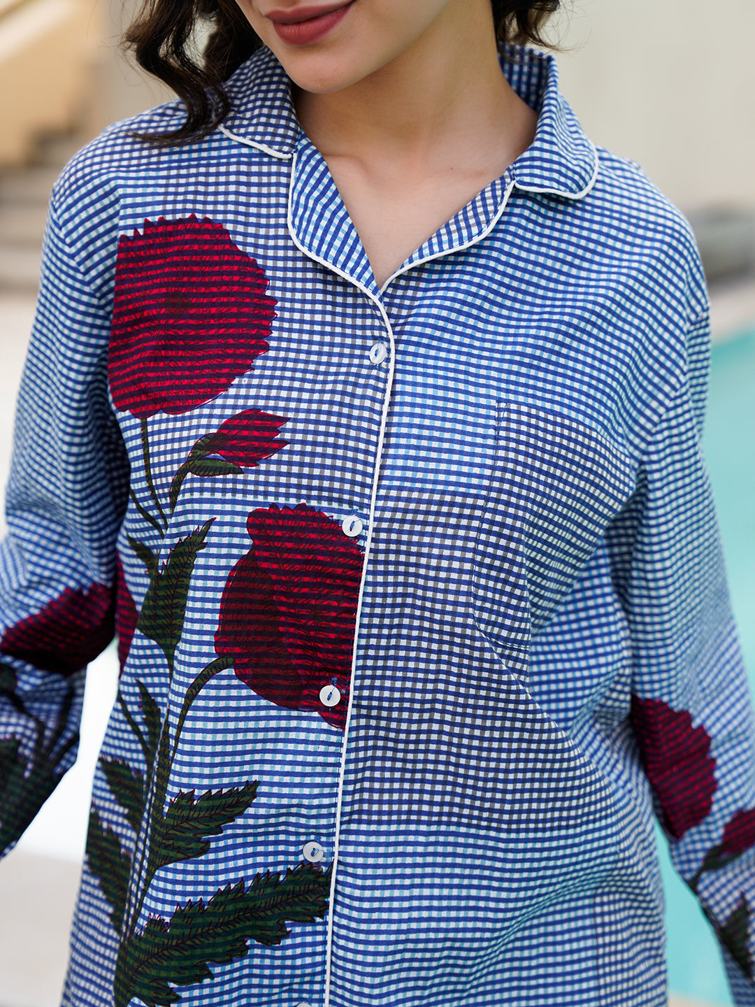 Blue Pure Cotton Lapel Collar Checked Night Suit for Women