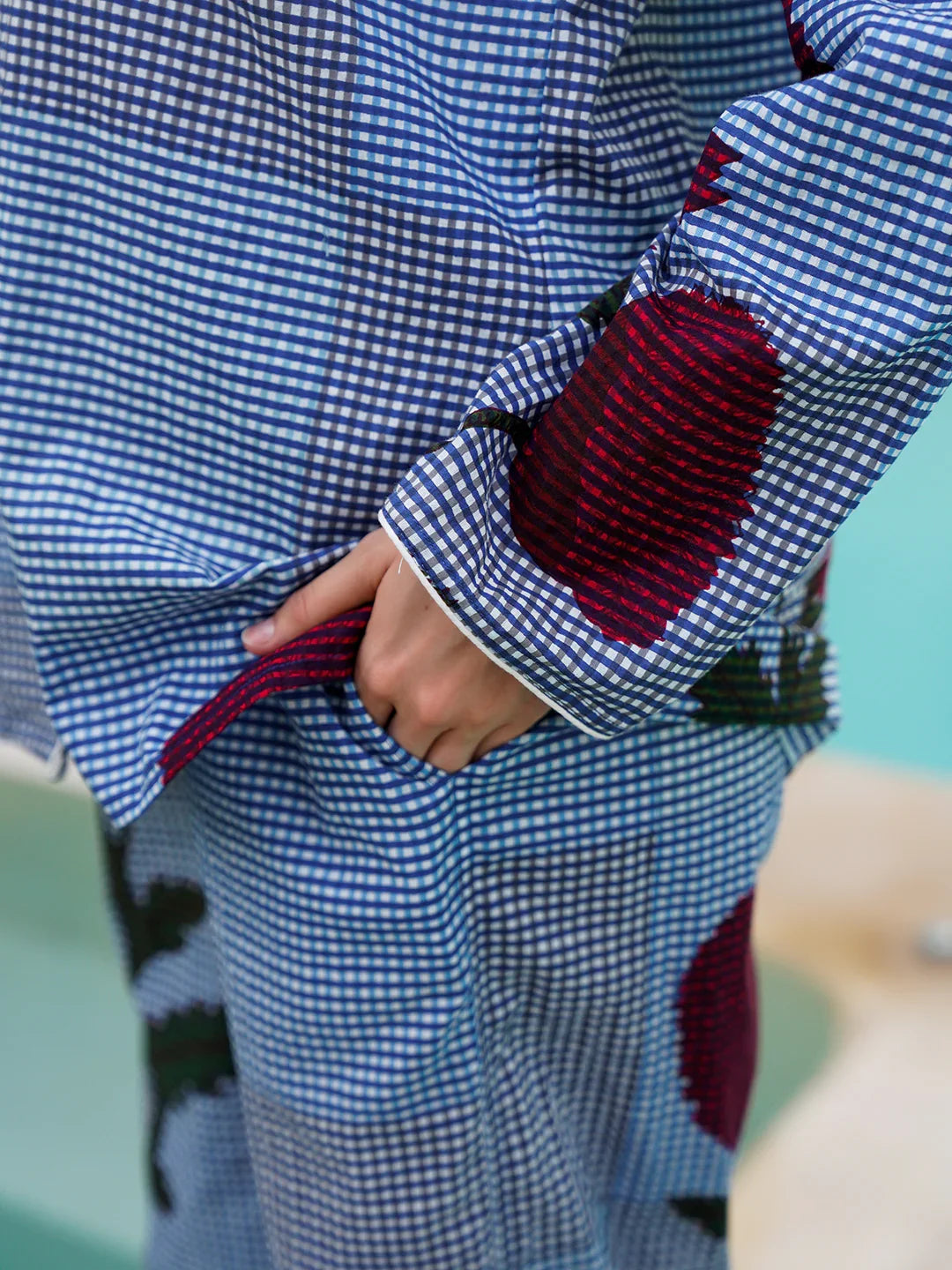 Blue Pure Cotton Lapel Collar Checked Night Suit for Women - SanskrutiHomes