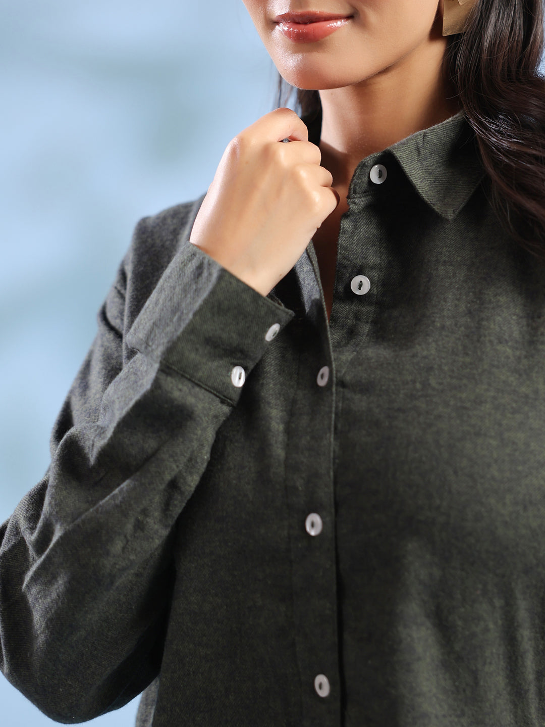 Women's Green Solid Pure Cotton Shirt Collar Night Suit