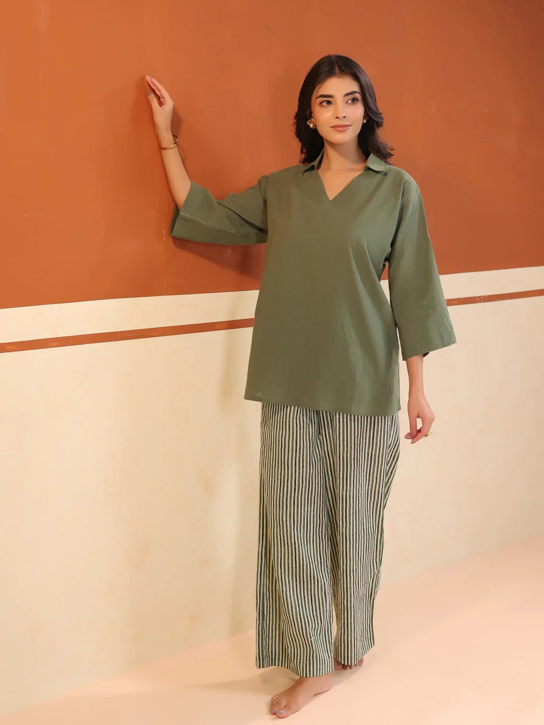 Olive Solid V-Neck Pure Cotton Night Suit For Women