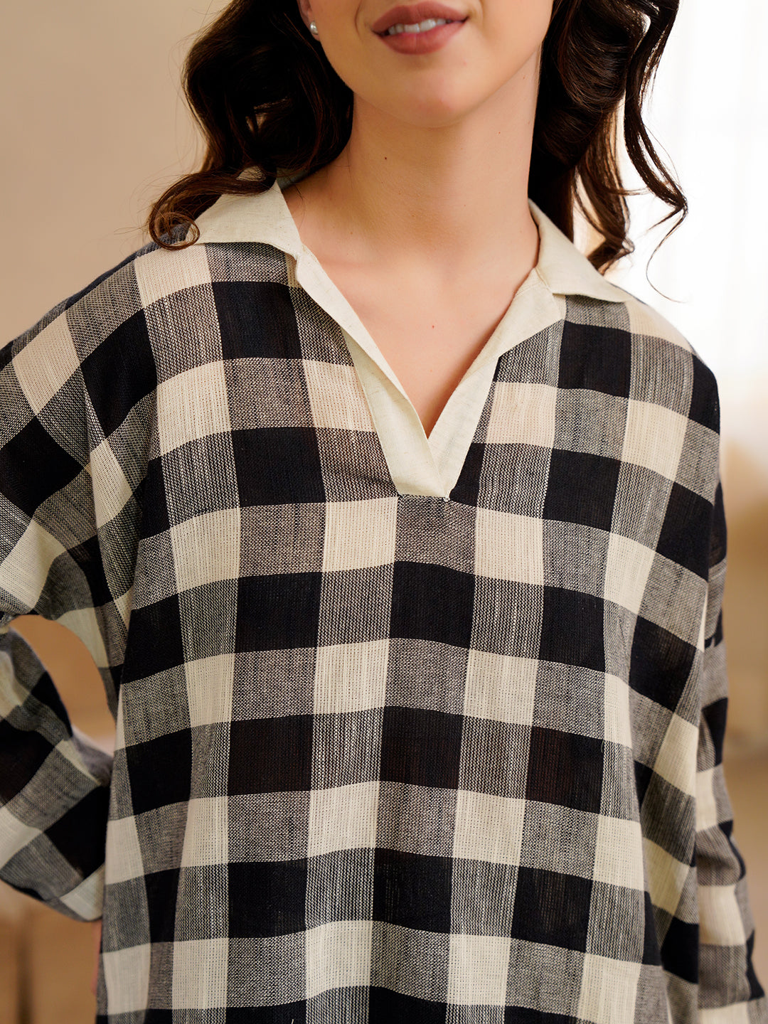 Black & White Checked Pure Cotton Shirt Collar Night Suit for Women