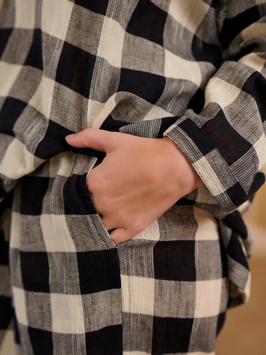 Black & White Checked Pure Cotton Shirt Collar winter Night Suit for Women - SanskrutiHomes