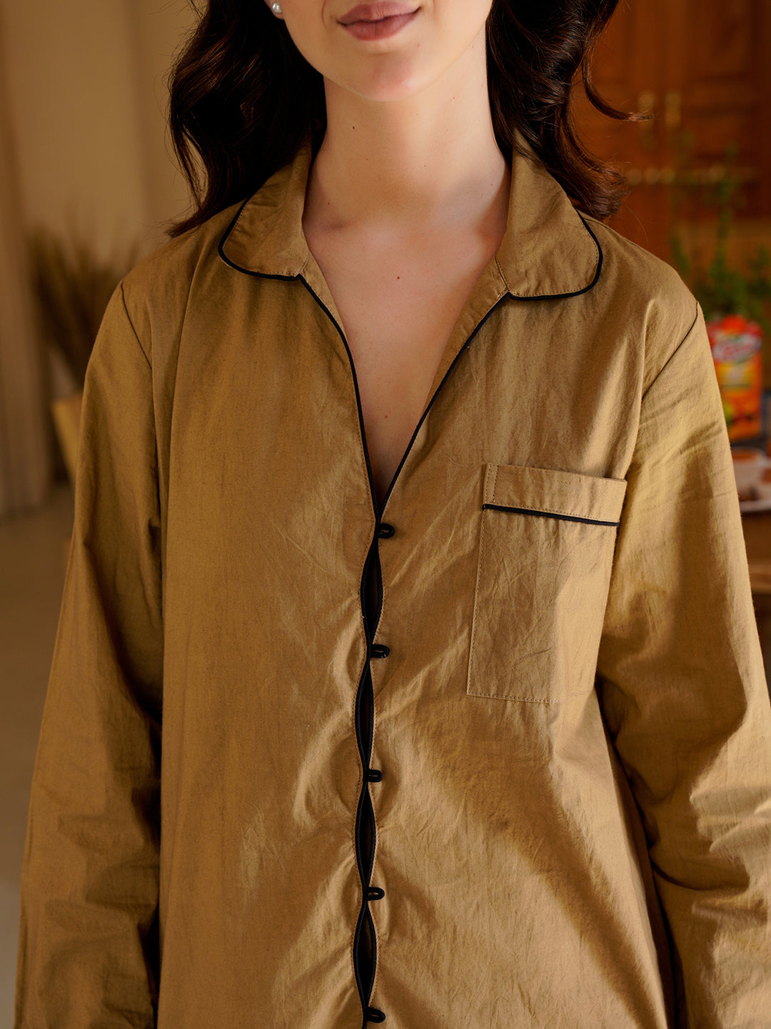 Coffee Brown Lapel Collar Pure Cotton Solid Night Suit for Women