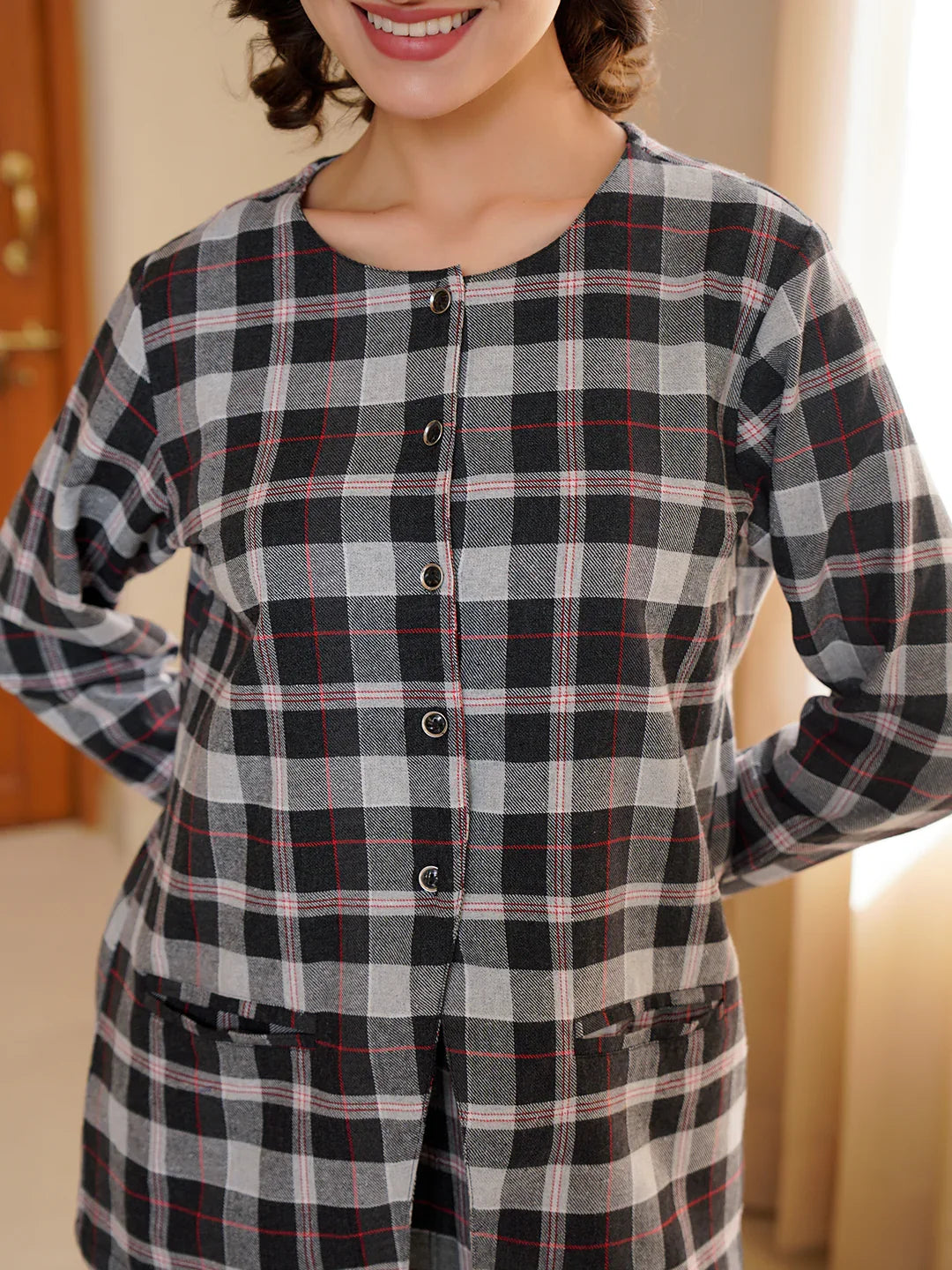 Black Round Neck Pure Cotton Checked Winter Night Suit for Women - SanskrutiHomes