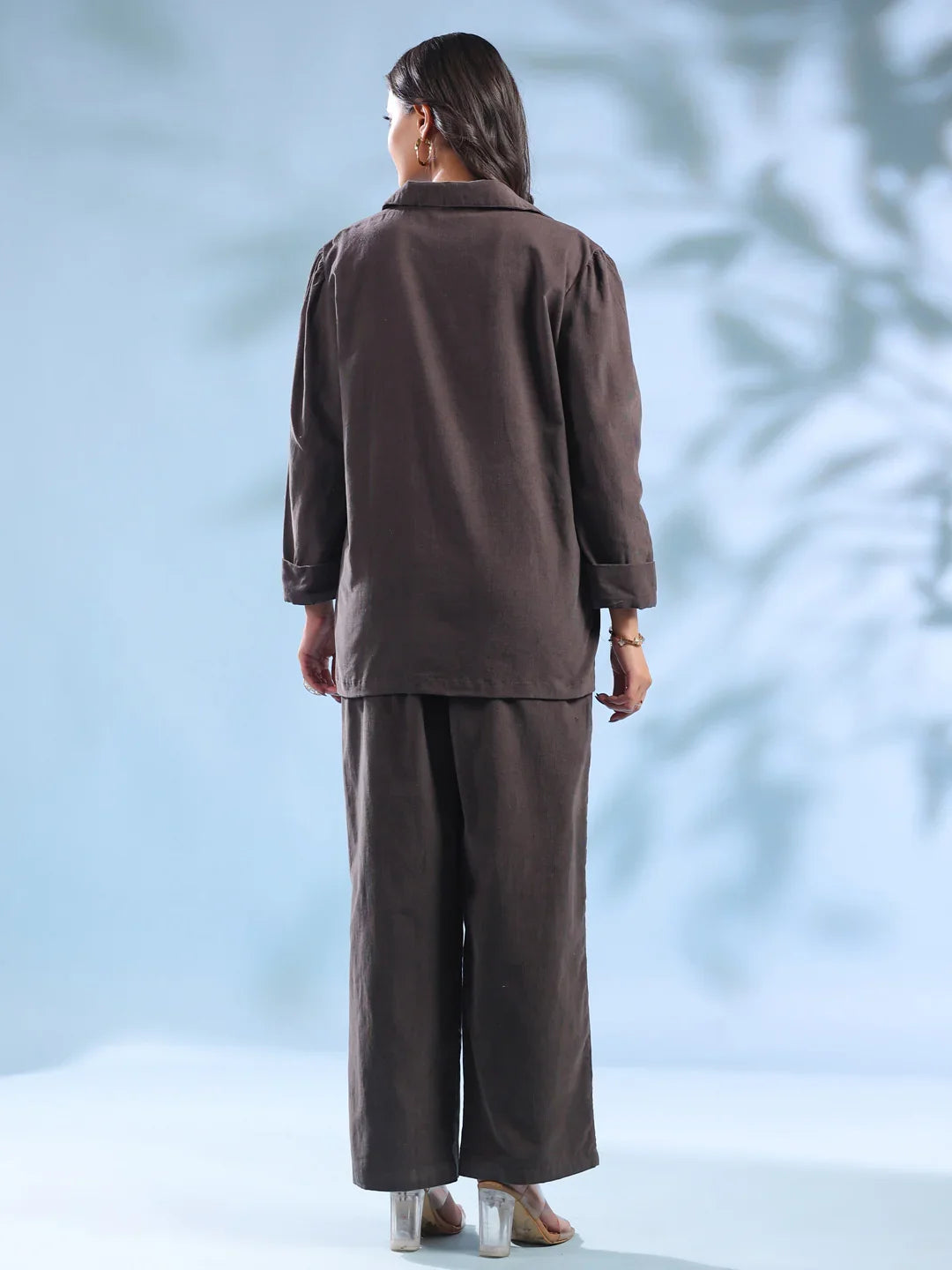 Grey Solid Lapel Collar Cotton Blend Night Suit For Women