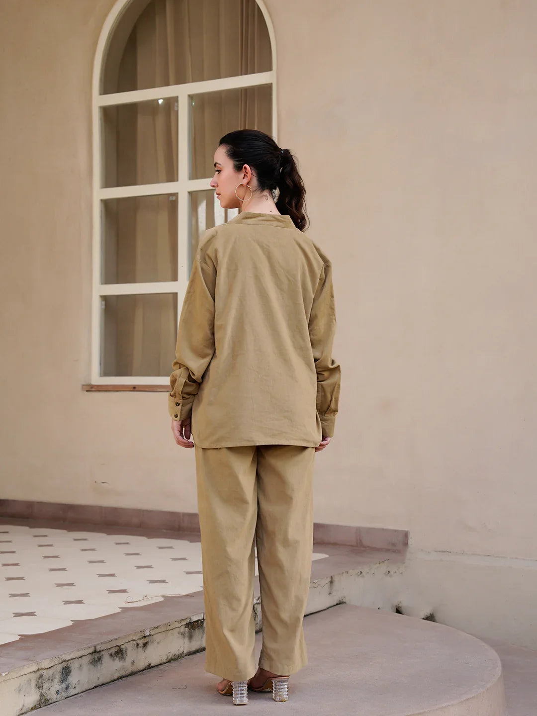 Beige Mandarin Collar Cotton Blend Solid Night Suit for Women - SanskrutiHomes