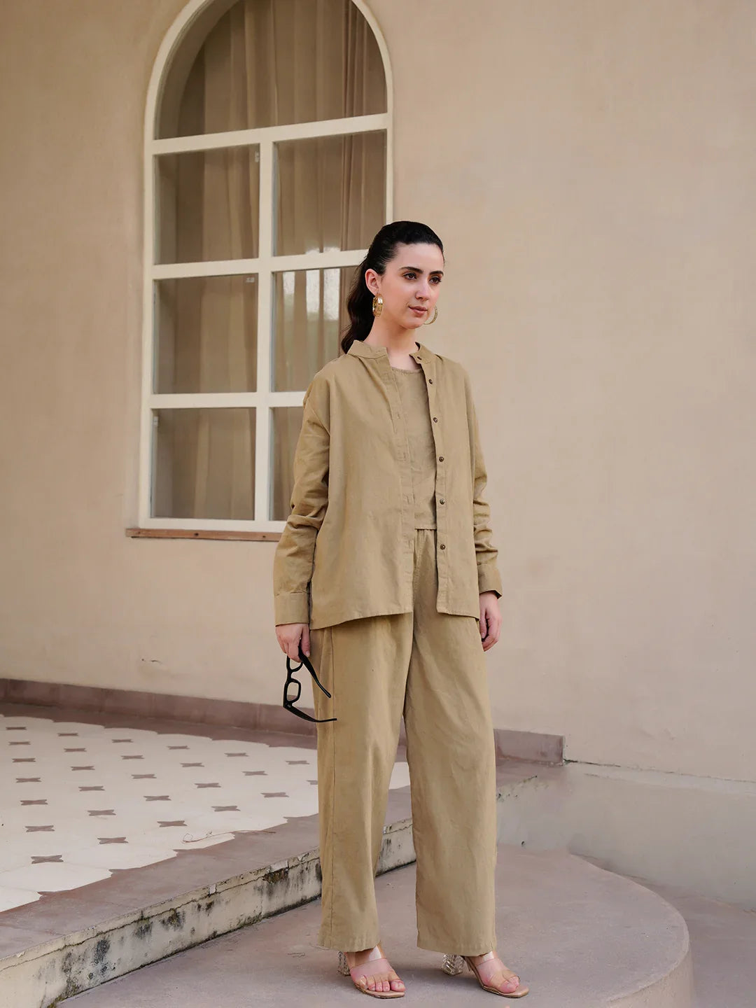 Beige Mandarin Collar Cotton Blend Solid Night Suit for Women - SanskrutiHomes