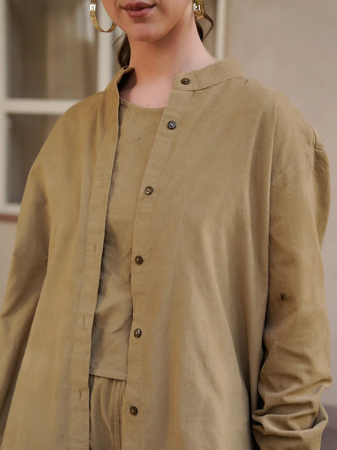 Beige Mandarin Collar Cotton Blend Solid Night Suit for Women - SanskrutiHomes