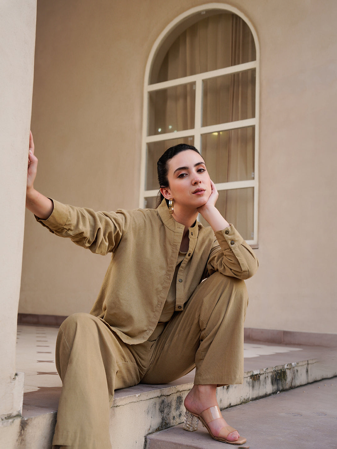 Beige Mandarin Collar Cotton Blend Solid Night Suit for Women