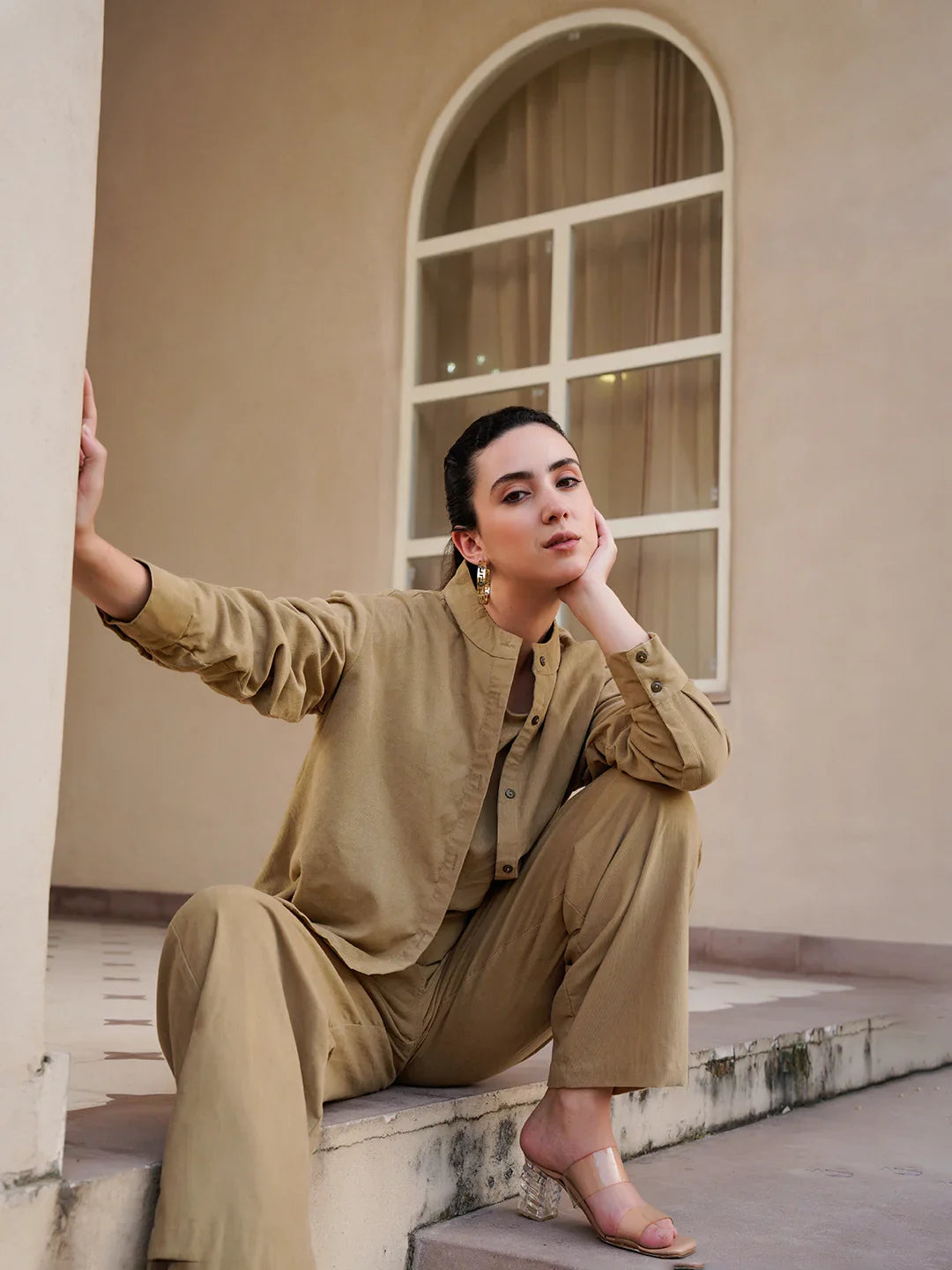 Beige Mandarin Collar Cotton Blend Solid Night Suit for Women - SanskrutiHomes