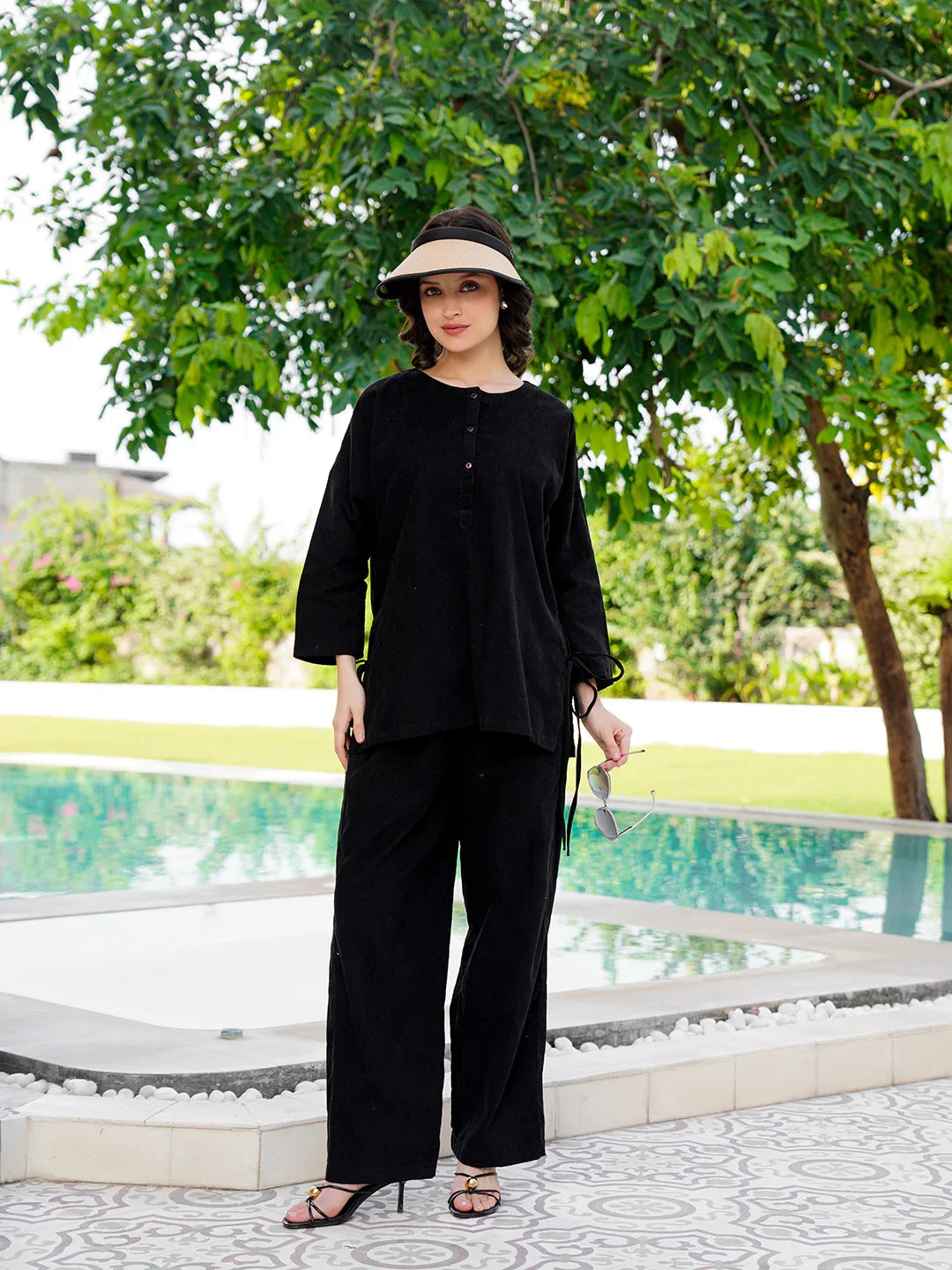 Black Round Neck Corduroy Solid Night Suit for Women - SanskrutiHomes