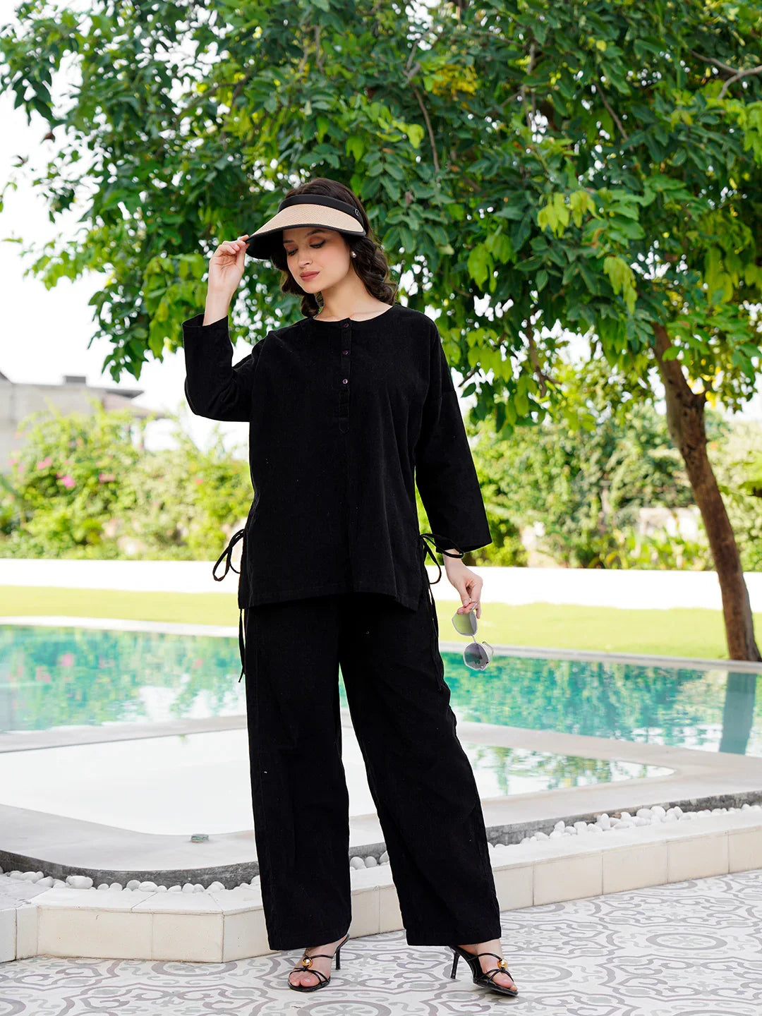 Black Round Neck Corduroy Solid Night Suit for Women - SanskrutiHomes