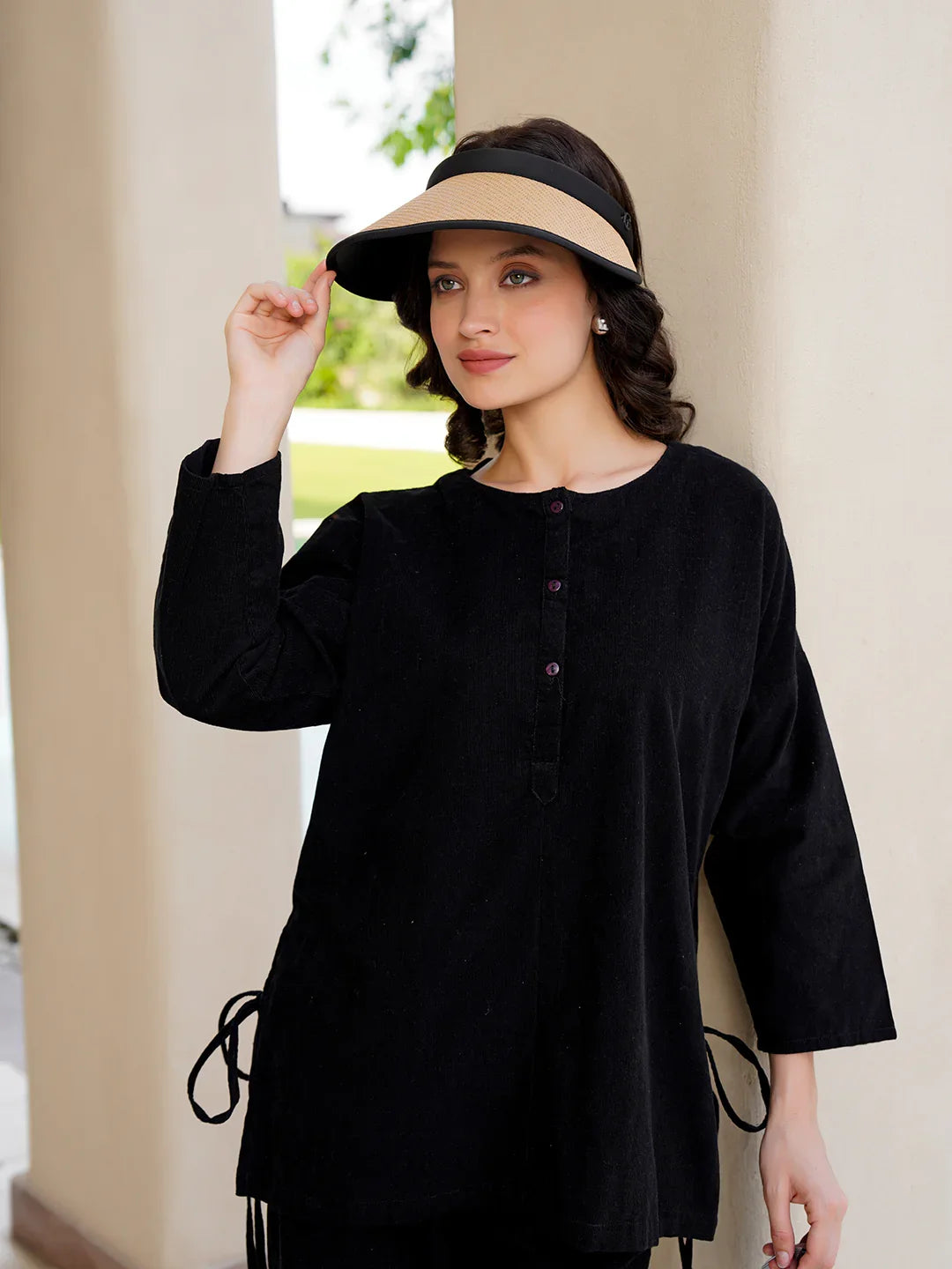 Black Round Neck Corduroy Solid Night Suit for Women - SanskrutiHomes