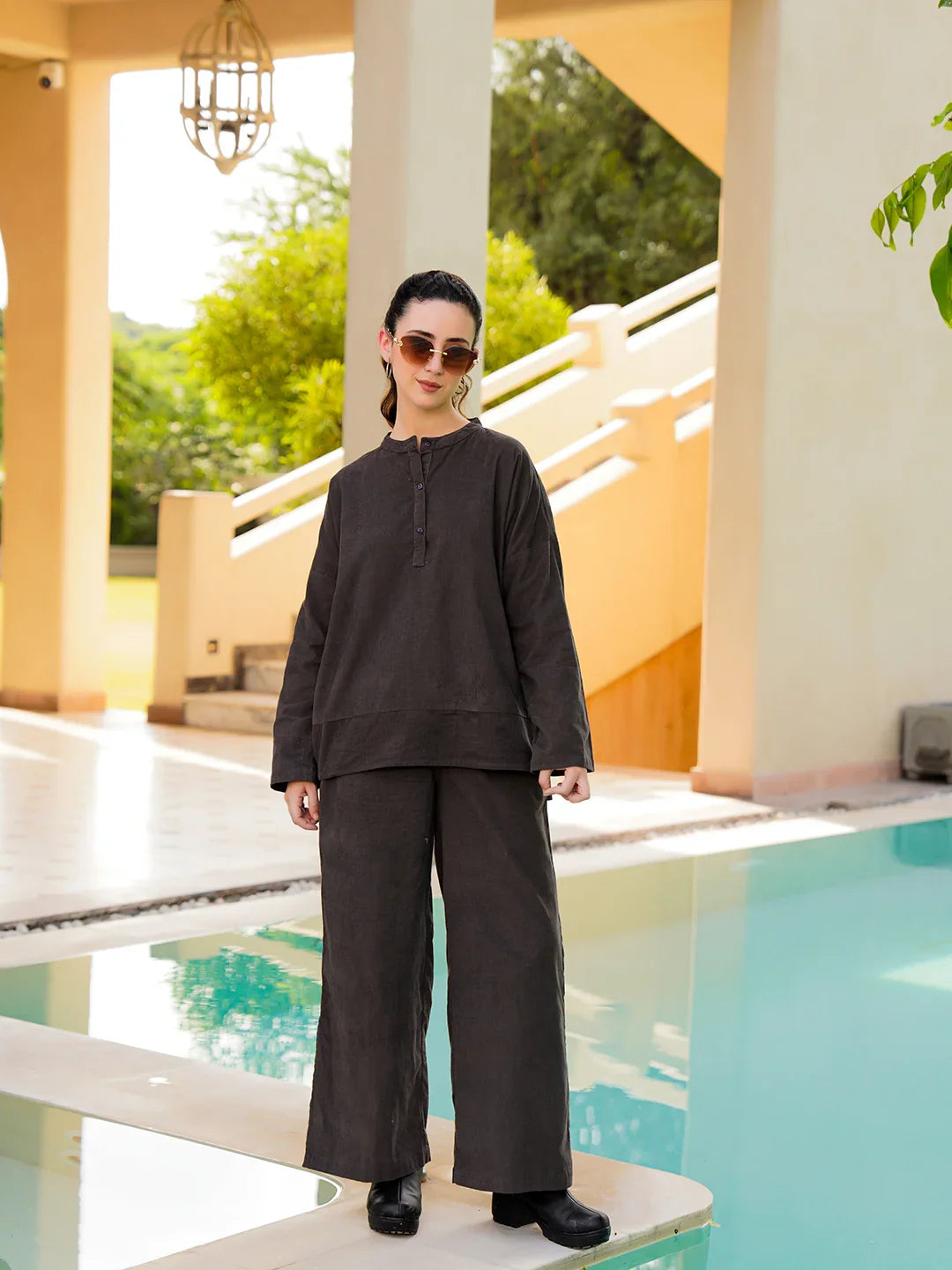 Grey Round Neck Courdroy Solid Night Suit for Women - SanskrutiHomes