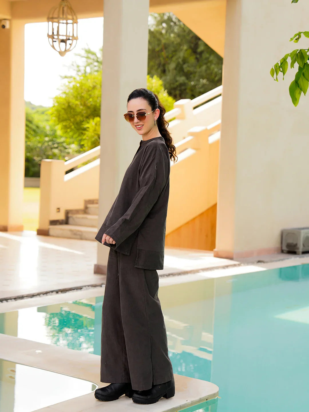 Grey Round Neck Courdroy Solid Night Suit for Women - SanskrutiHomes