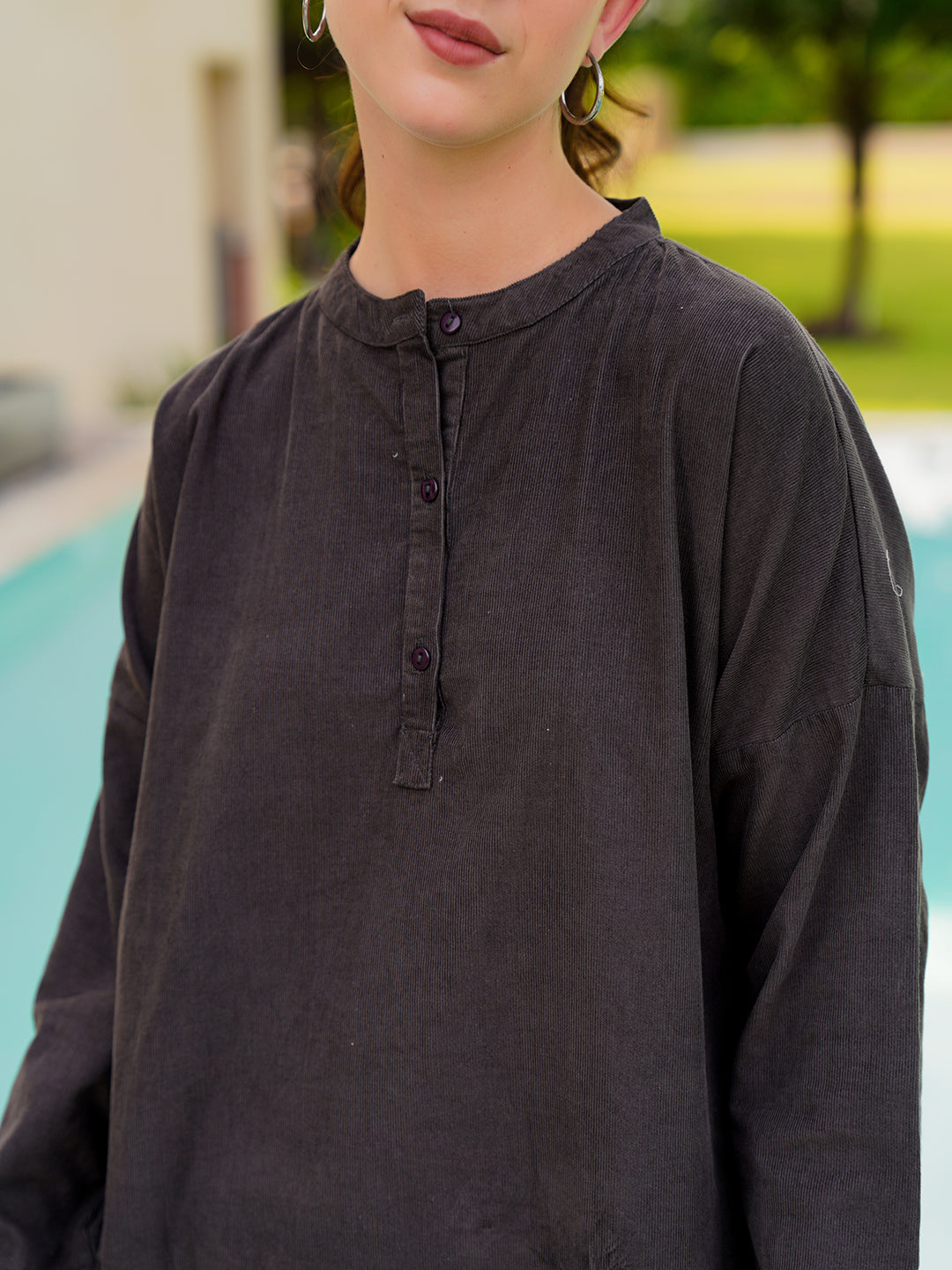 Grey Round Neck Cotton Blend Solid Night Suit for Women