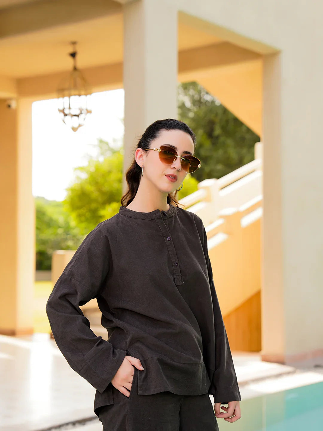 Grey Round Neck Courdroy Solid Night Suit for Women - SanskrutiHomes