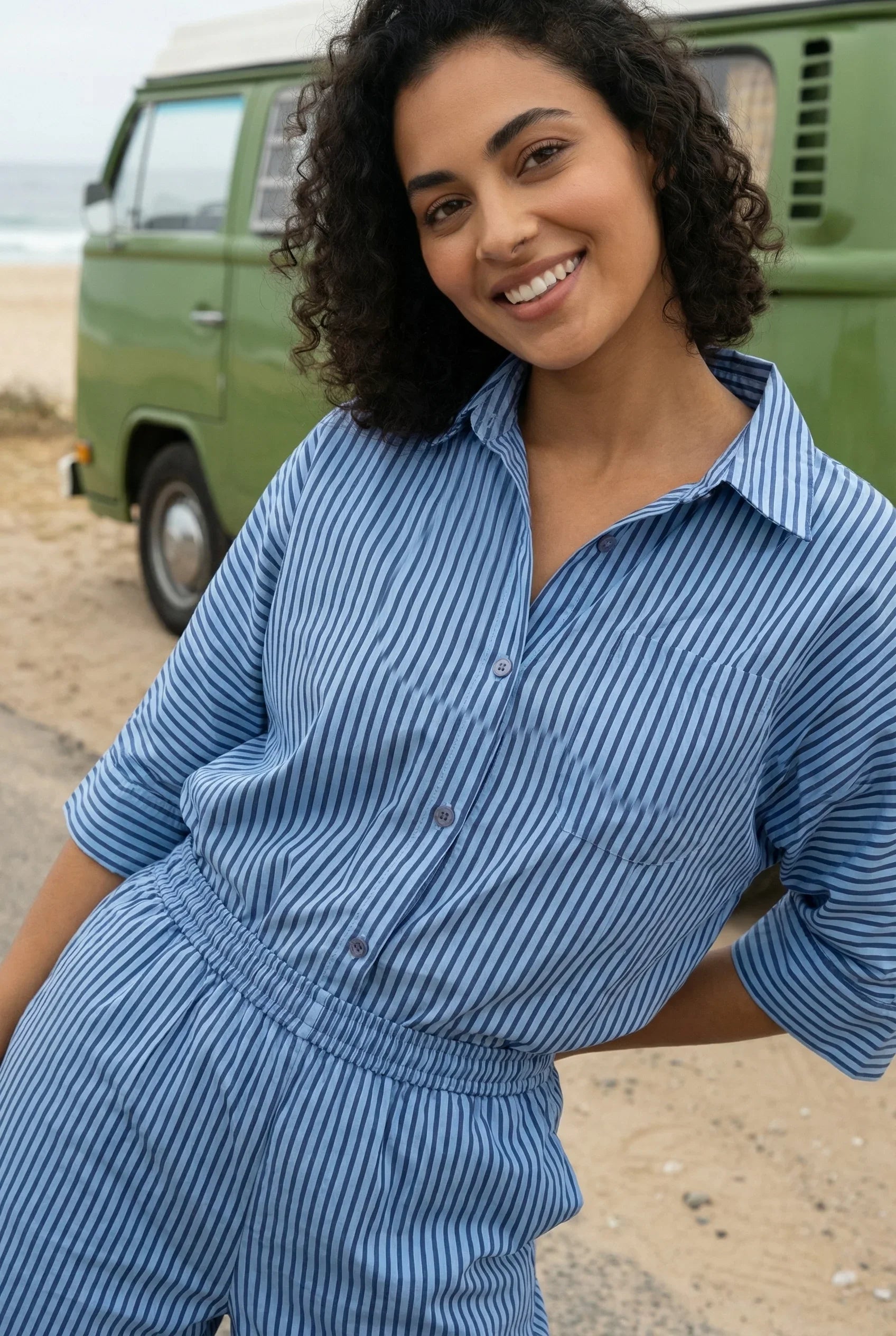 Blue Striped Shirt Collar Pure Cotton Loose fit Night Suit For Women