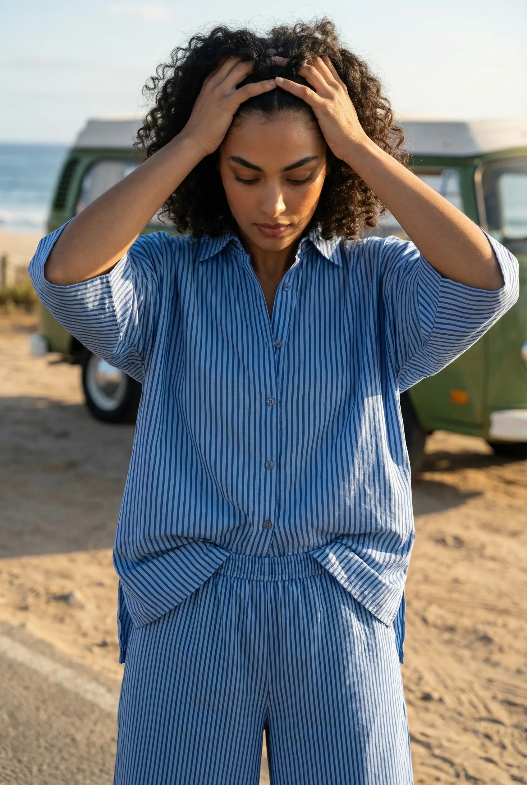 Blue Striped Shirt Collar Pure Cotton Loose fit Night Suit For Women