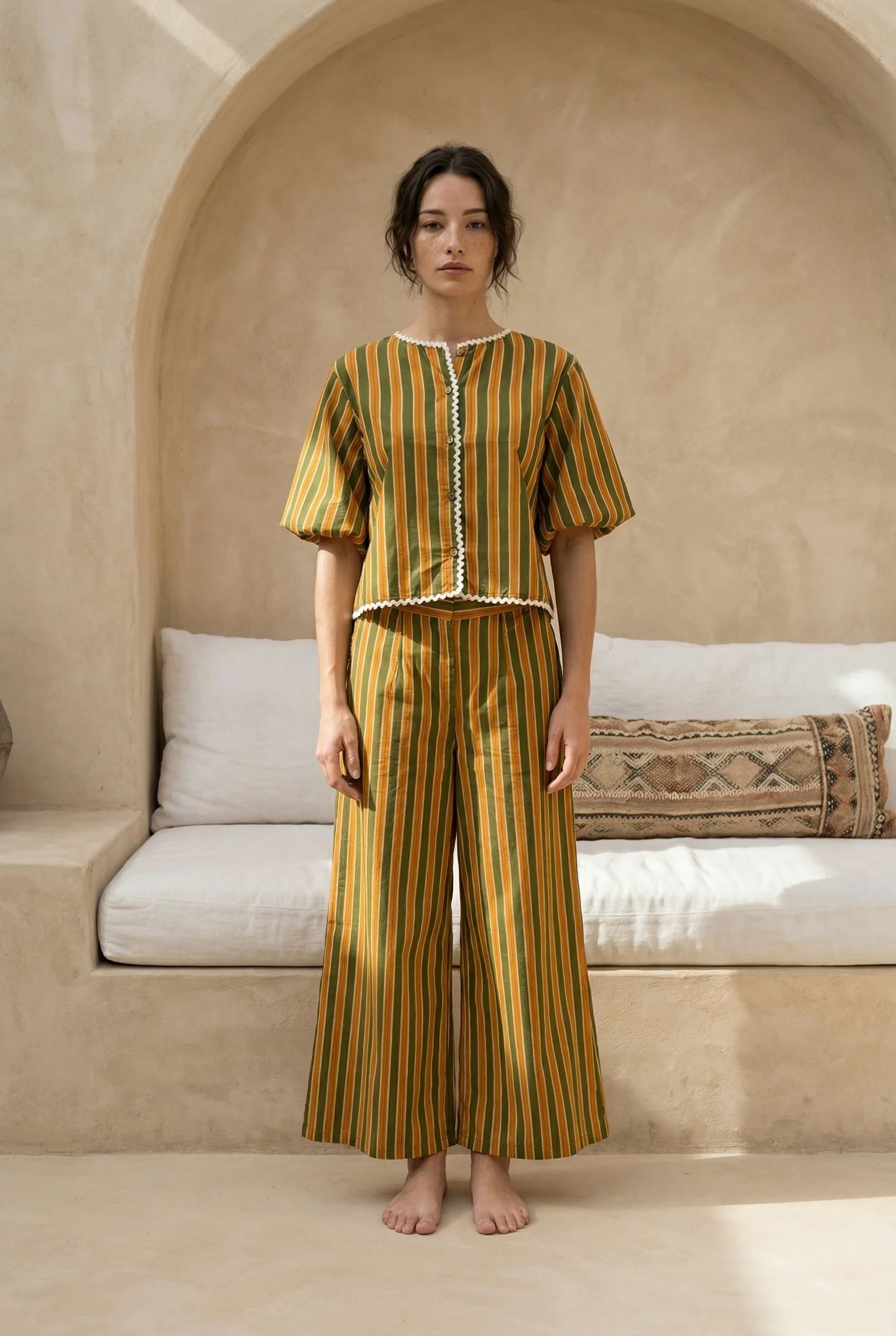 Mustard Striped Round Neck Cotton Night Suit Set For Women