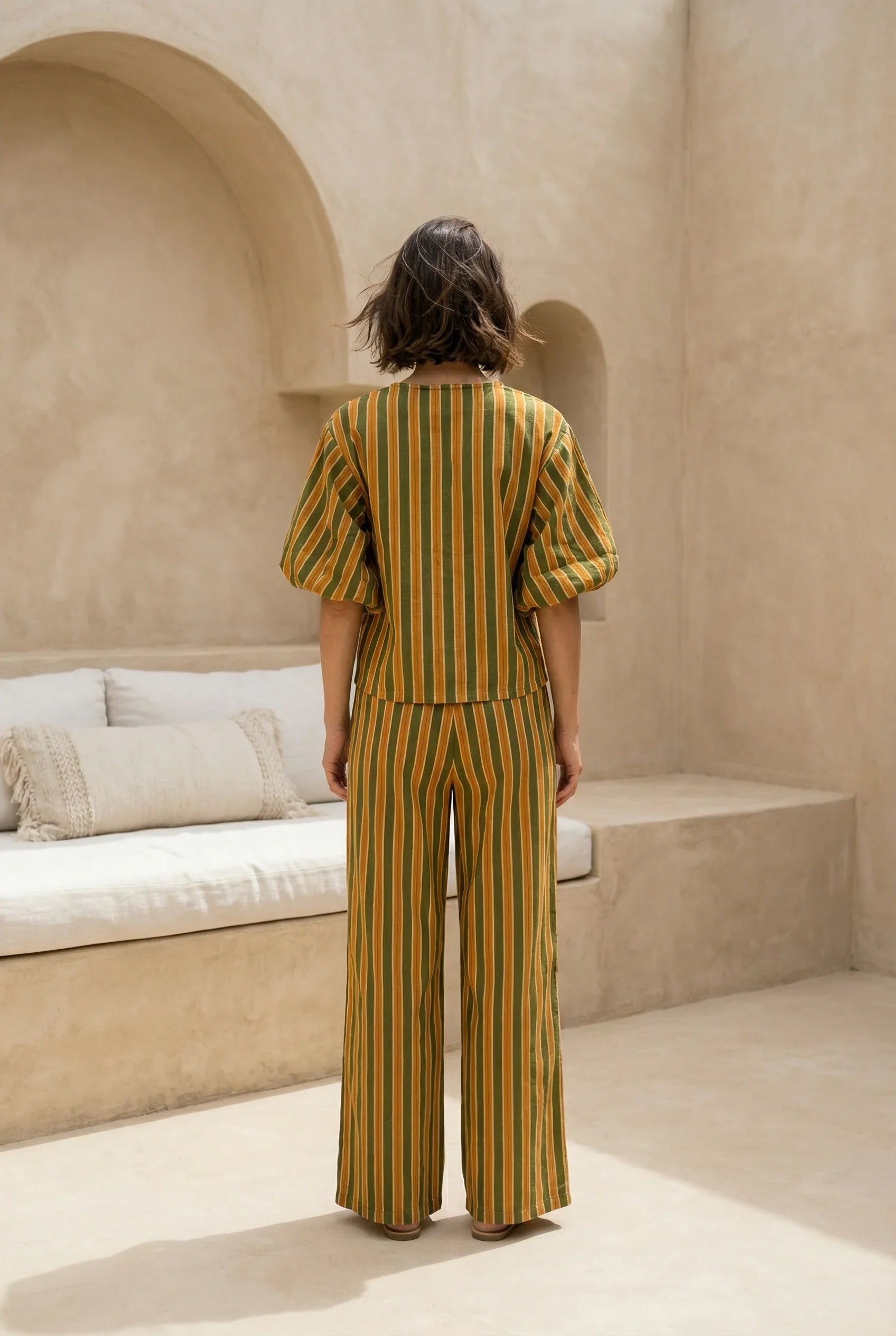 Mustard Striped Round Neck Cotton Night Suit Set For Women