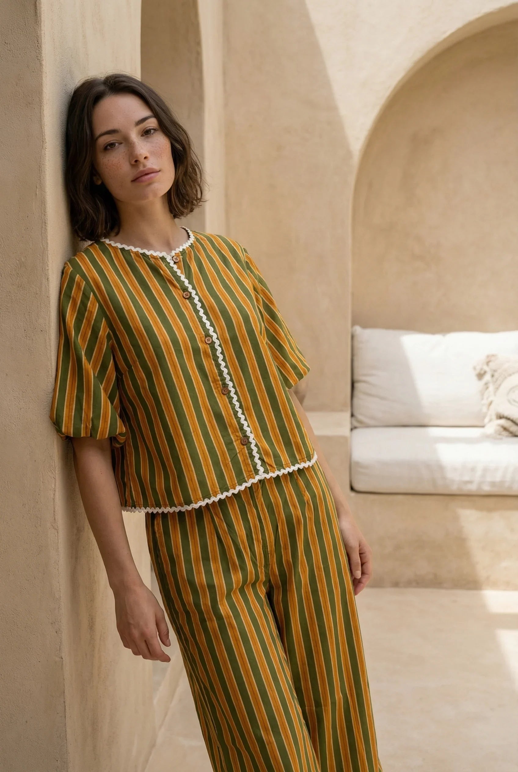 Mustard Striped Round Neck Cotton Night Suit Set For Women