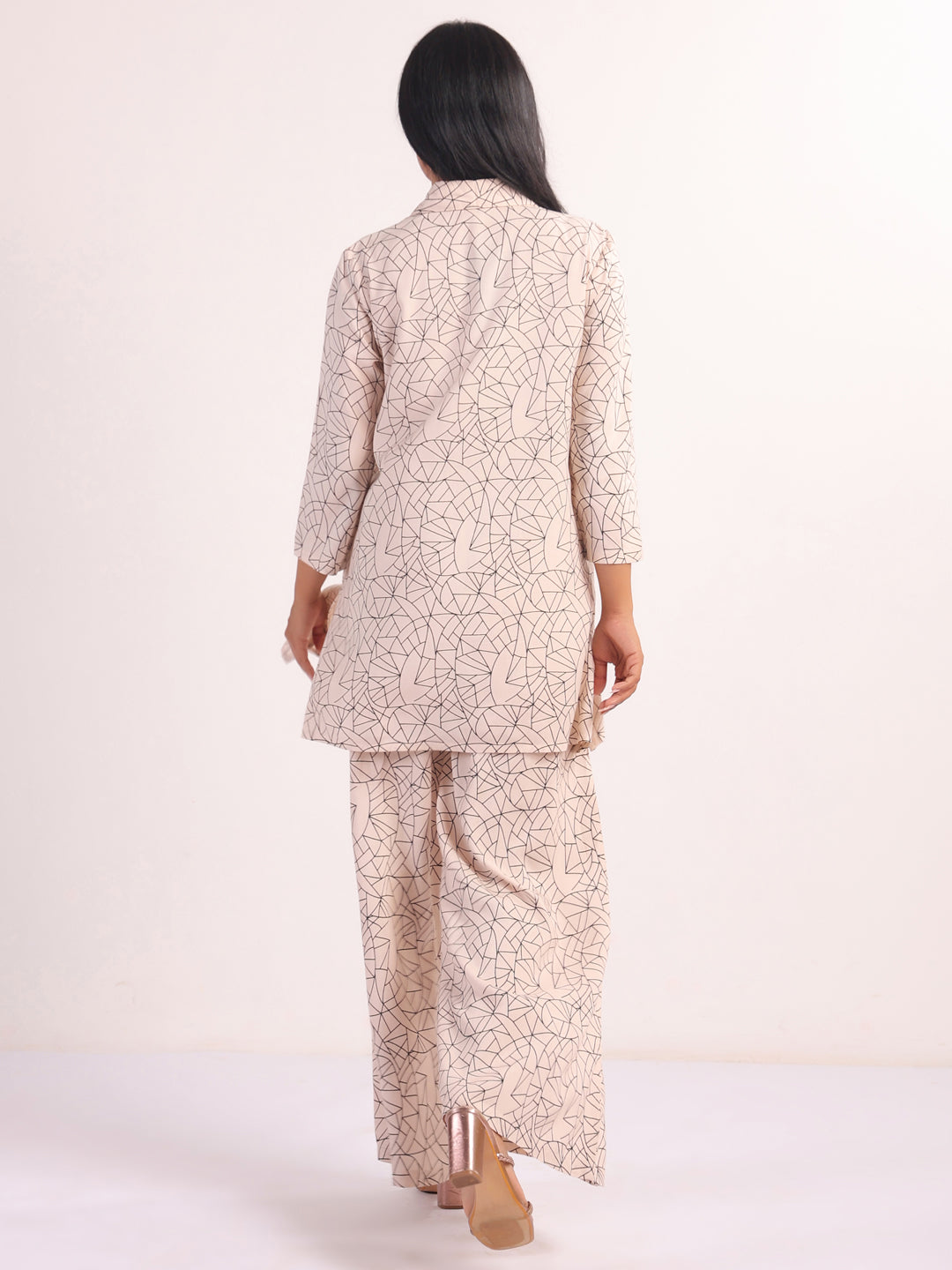 Cream Shirt Collar Geometric Print Night Suit For Women