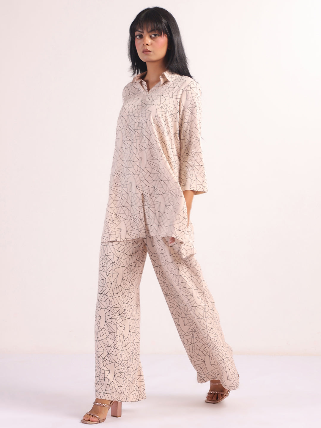 Cream Shirt Collar Geometric Print Night Suit For Women