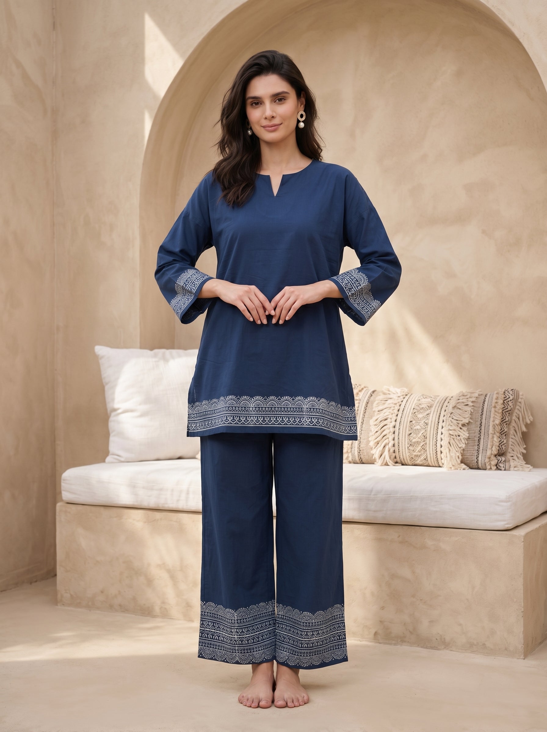 Blue V-Neck Floral Pure Cotton Night Suit For Women