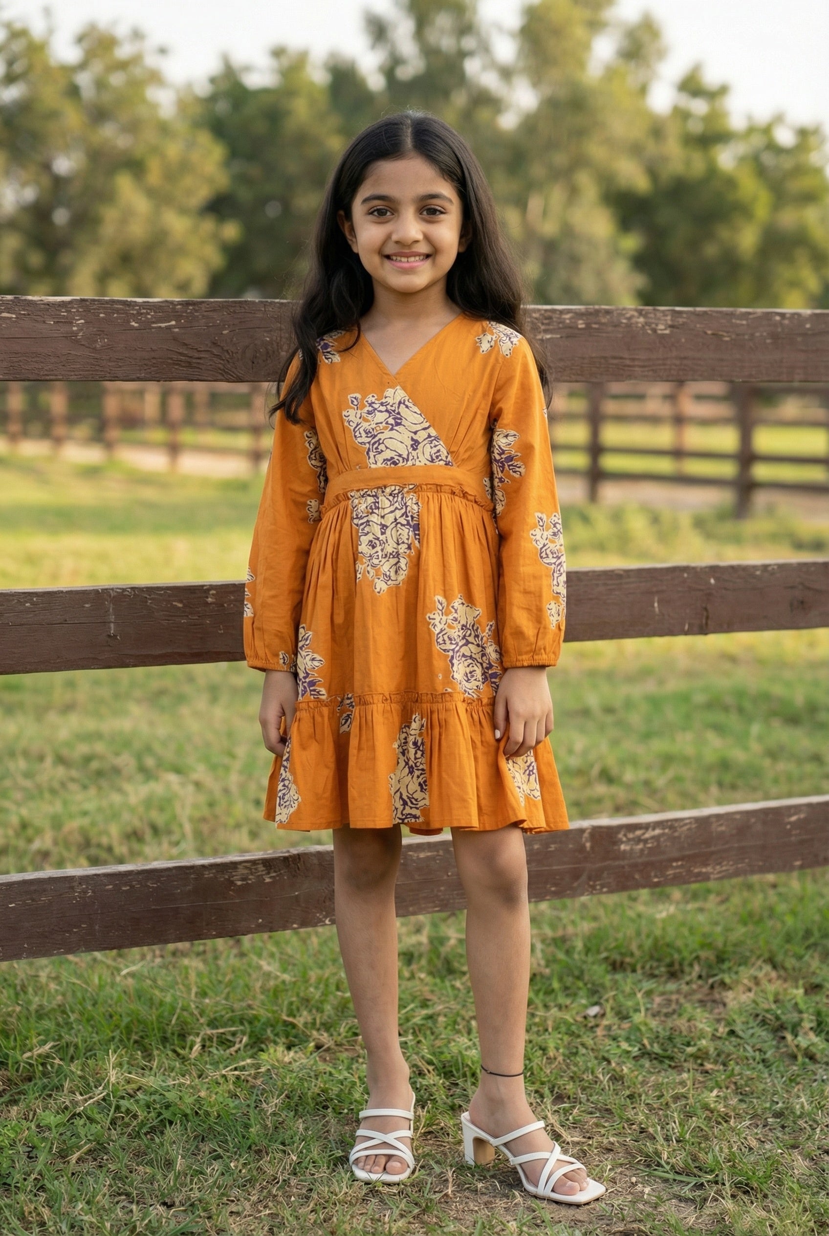 Orange V-Neck Floral Printed Cotton Dress For Kids