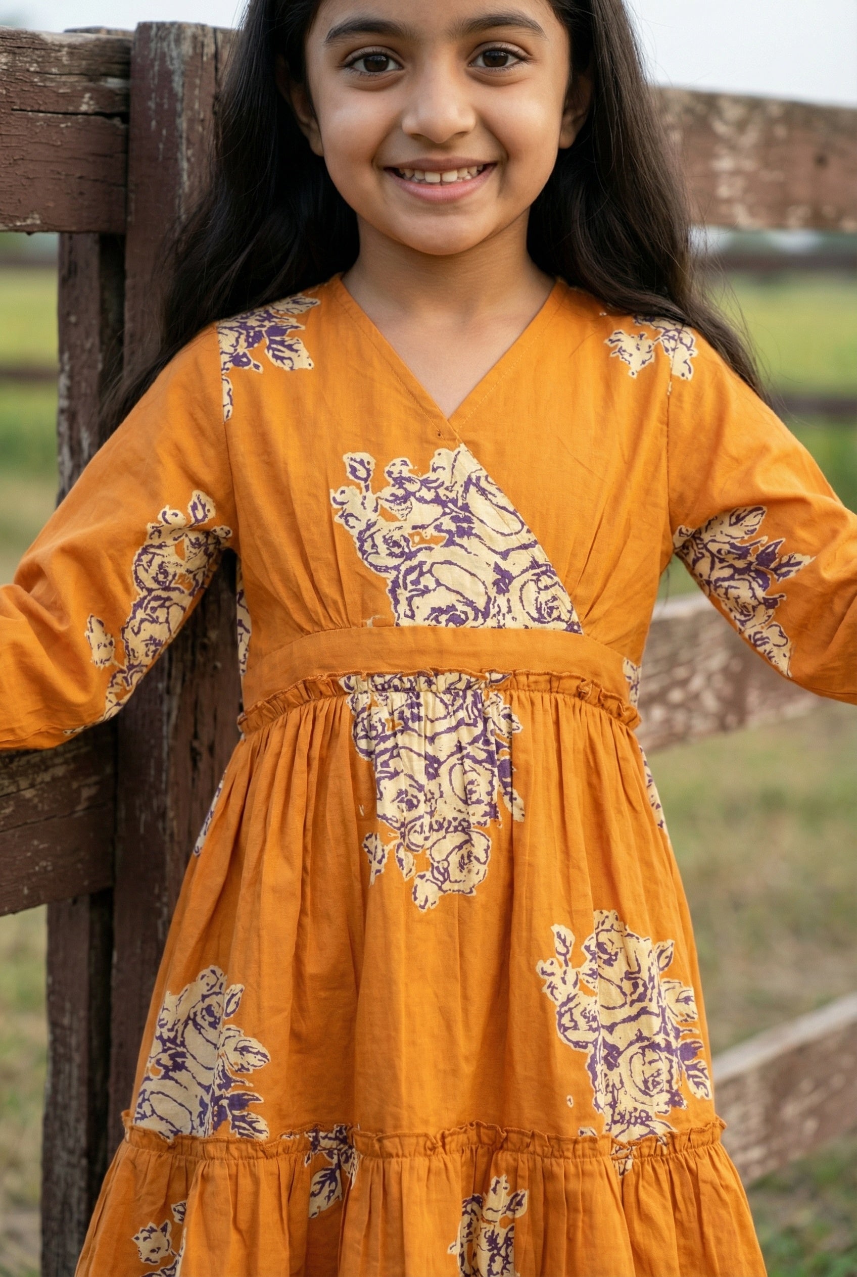 Orange V-Neck Floral Printed Cotton Dress For Kids