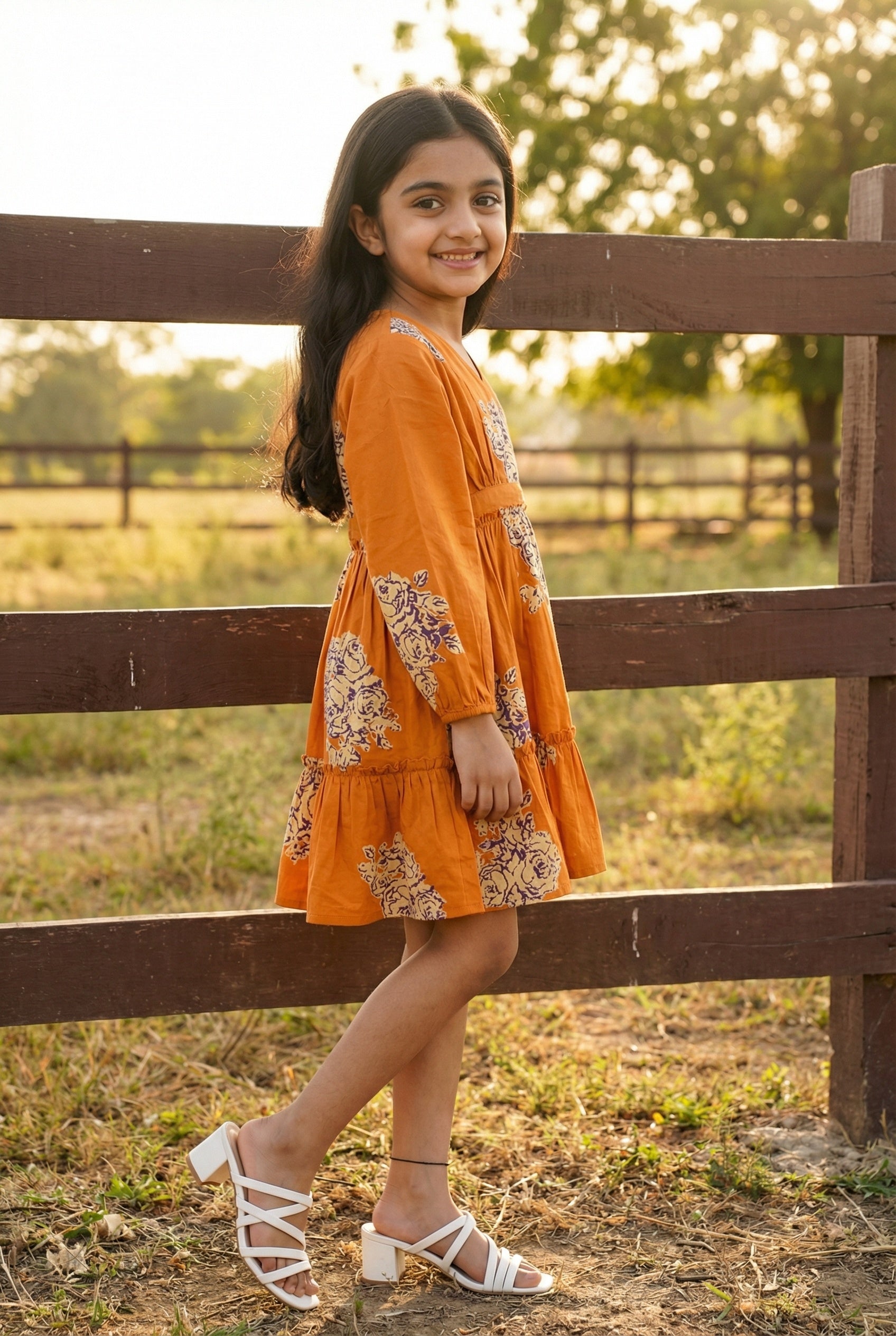 Orange V-Neck Floral Printed Cotton Dress For Kids