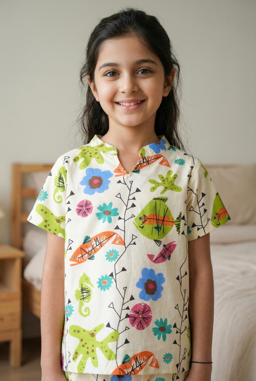 White Floral Print Round Neck Cotton Night Suit Set For Kids