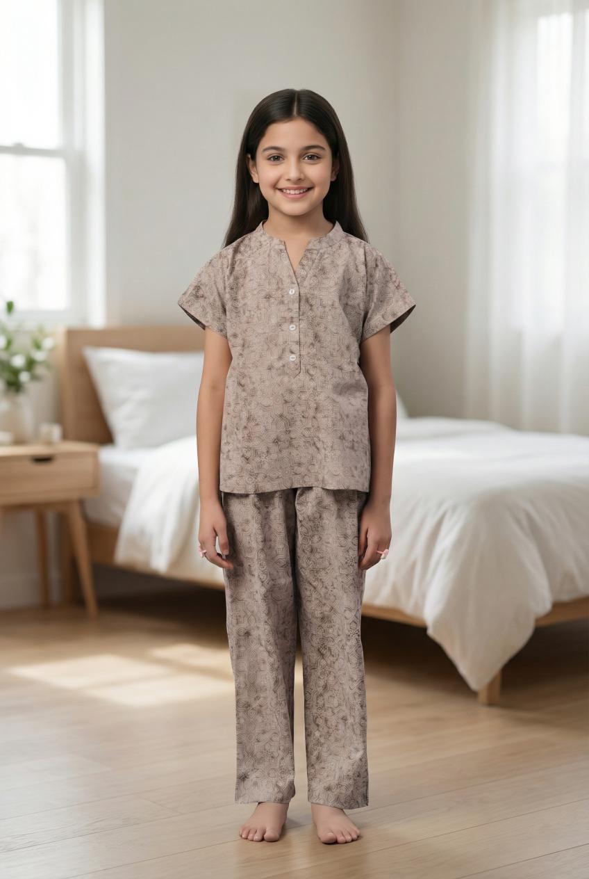 Beige Round Neck Geometric Print Pure Cotton Night Suit Set For Kids