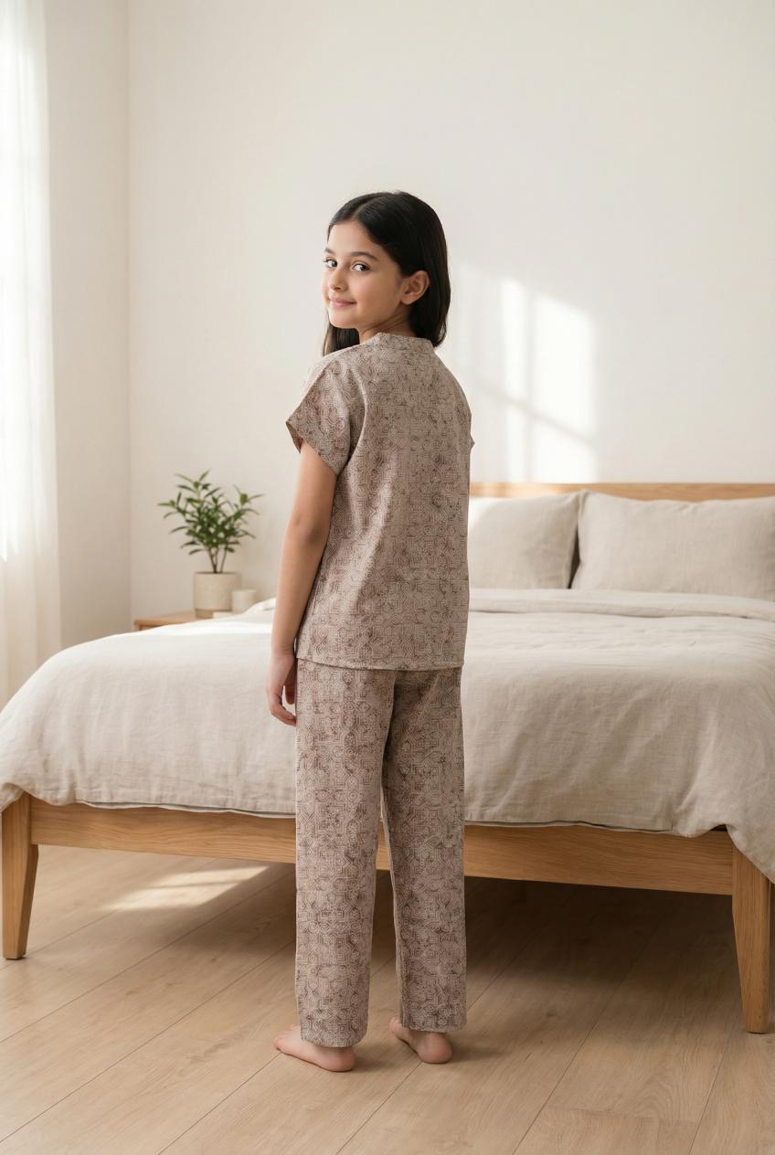 Beige Round Neck Geometric Print Pure Cotton Night Suit Set For Kids