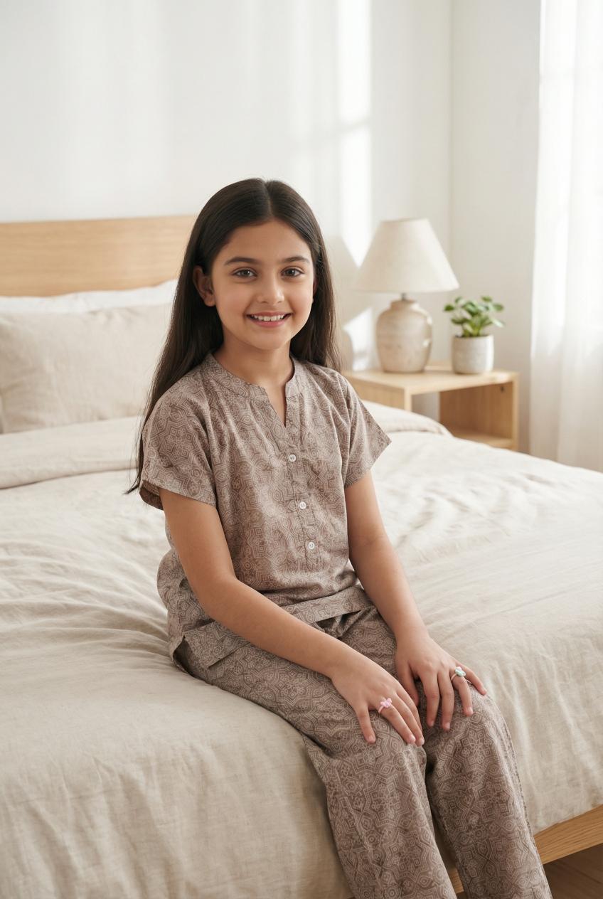 Beige Round Neck Geometric Print Pure Cotton Night Suit Set For Kids