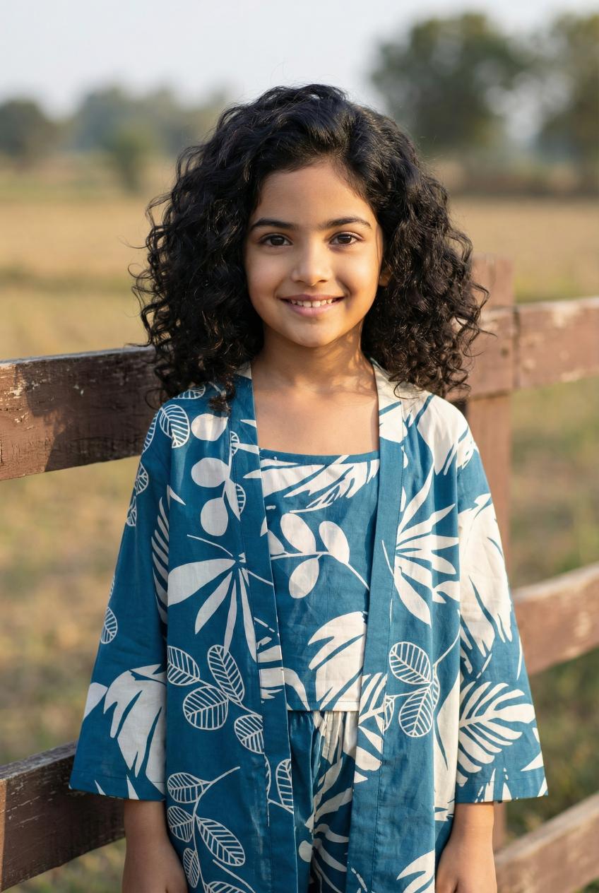 Teal Floral Print Round Neck Pure Cotton Night Suit For Kids