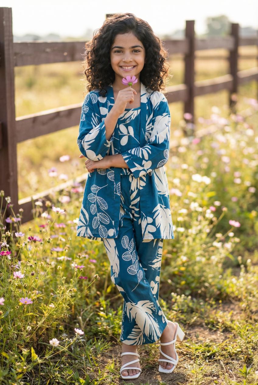 Teal Floral Print Round Neck Pure Cotton Night Suit For Kids