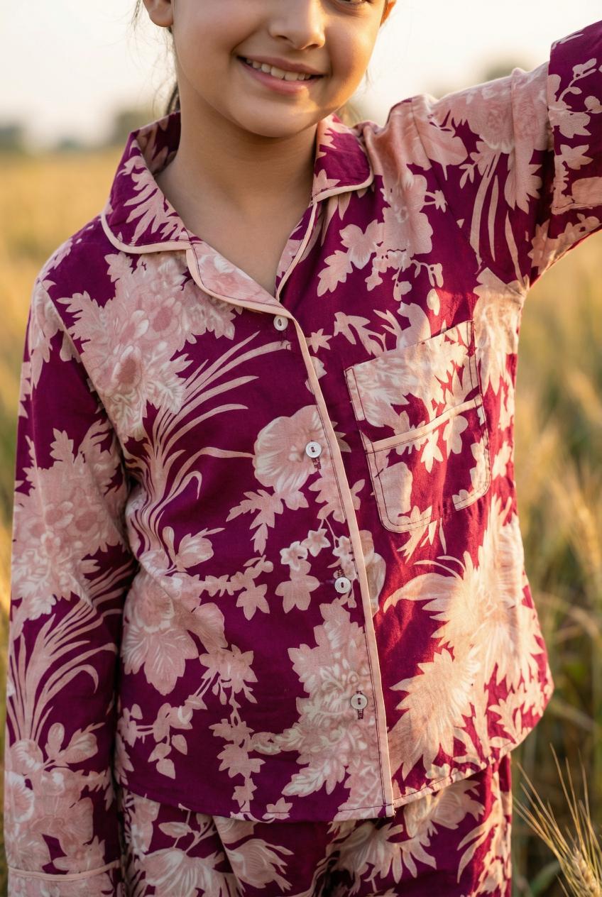 Maroon Lapel Collar Floral Print Pure Cotton Night Suit Set For Kids