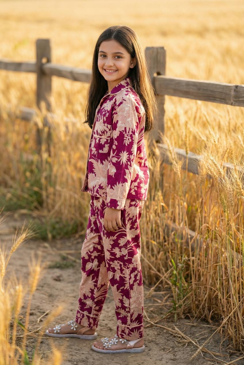 Maroon Lapel Collar Floral Print Pure Cotton Night Suit Set For Kids