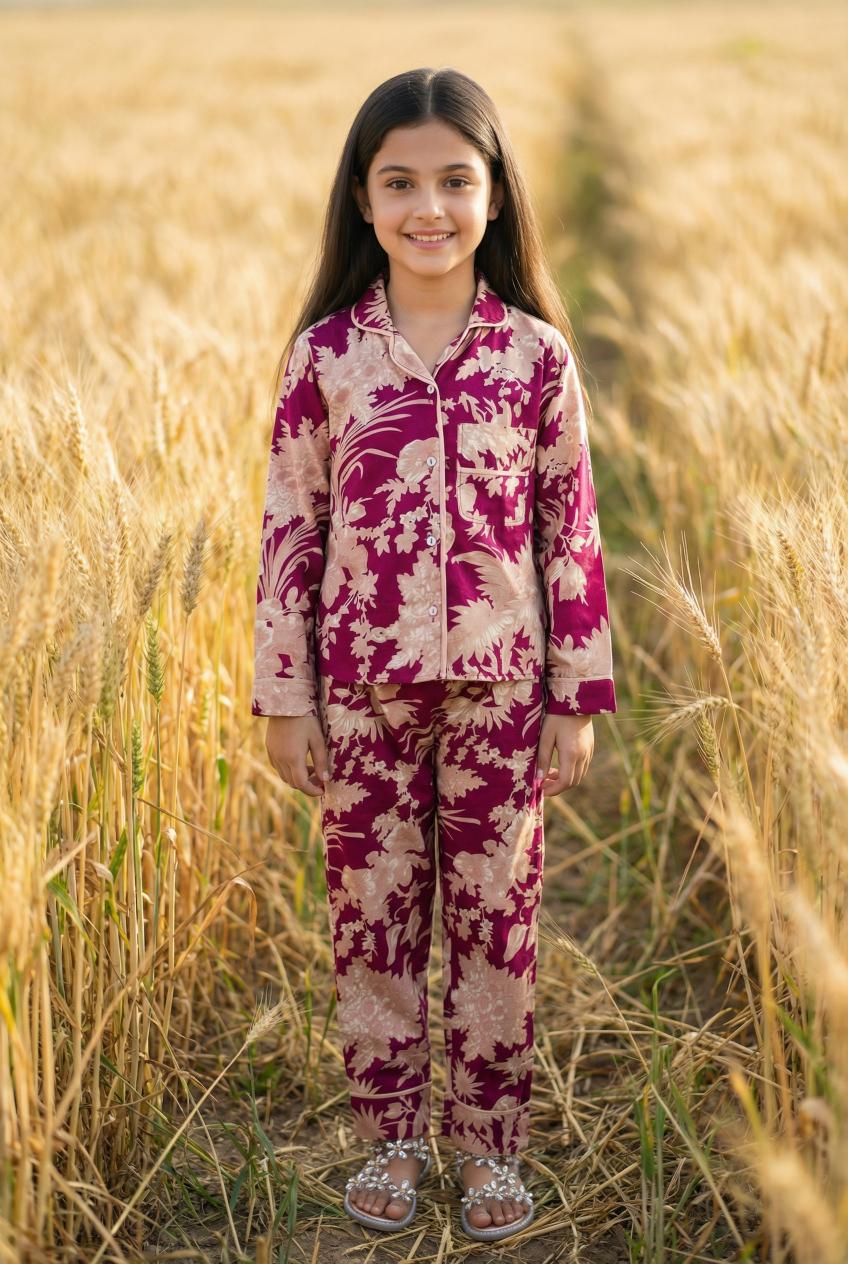 Maroon Lapel Collar Floral Print Pure Cotton Night Suit Set For Kids