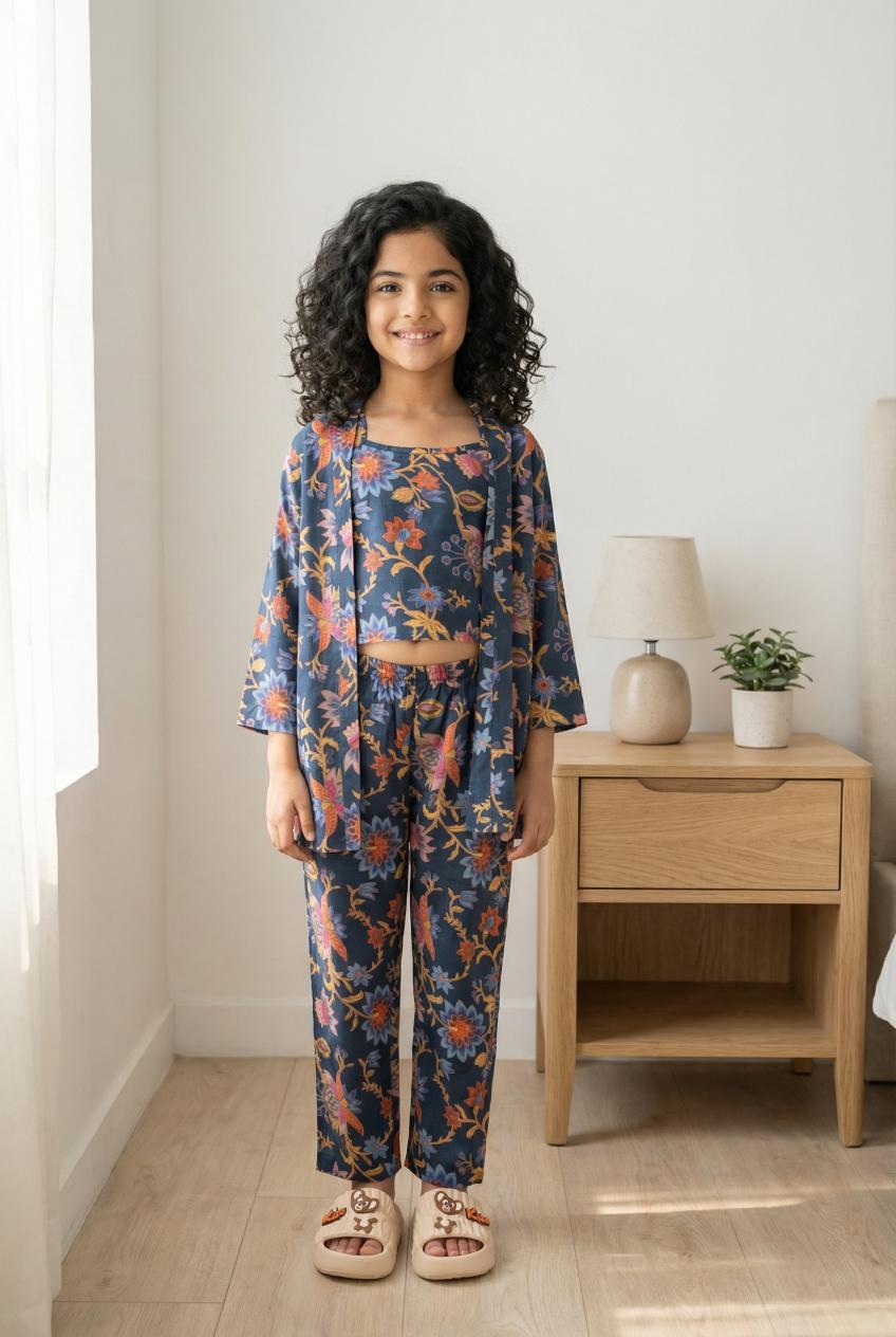 Navy Blue Round Neck Floral Print Pure Cotton Night Suit Set For Women